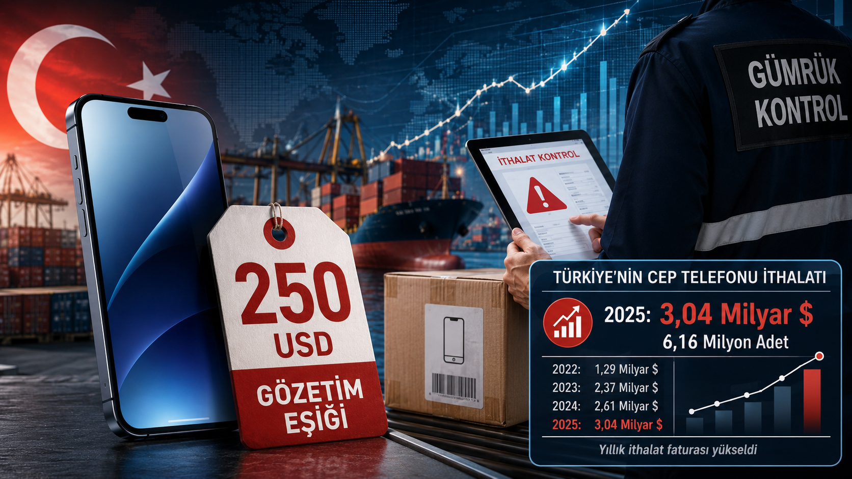 Cep telefonu ithalatında 250 dolar gözetim kıymeti, Türkiye'nin 3,04 milyar dolarlık telefon ithalatı ve gümrük denetimi