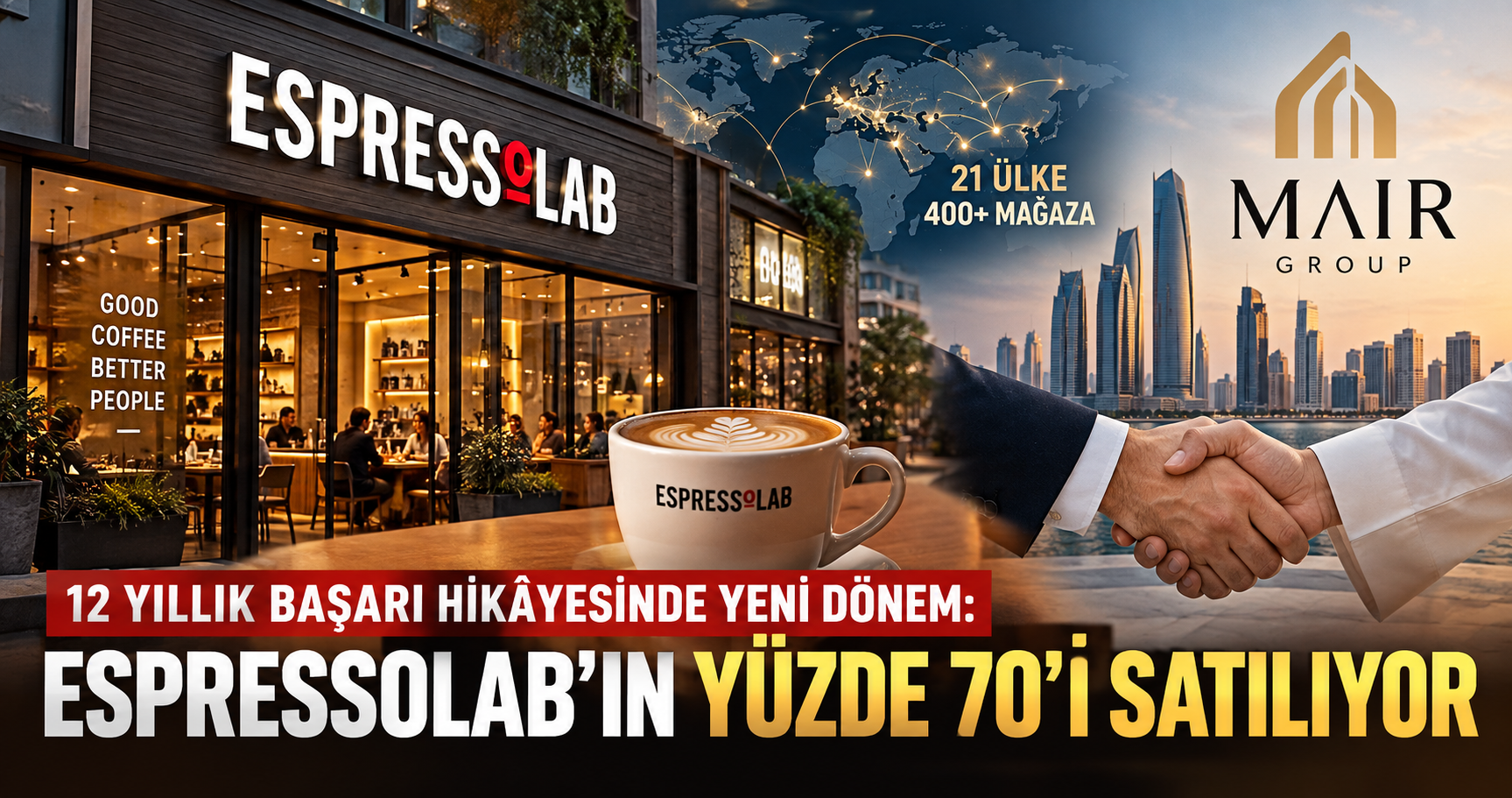 Espressolab'ın yüzde 70'i için BAE merkezli MAIR Group ile imzalanan satış anlaşmasını anlatan Ekonomi365 haber görseli