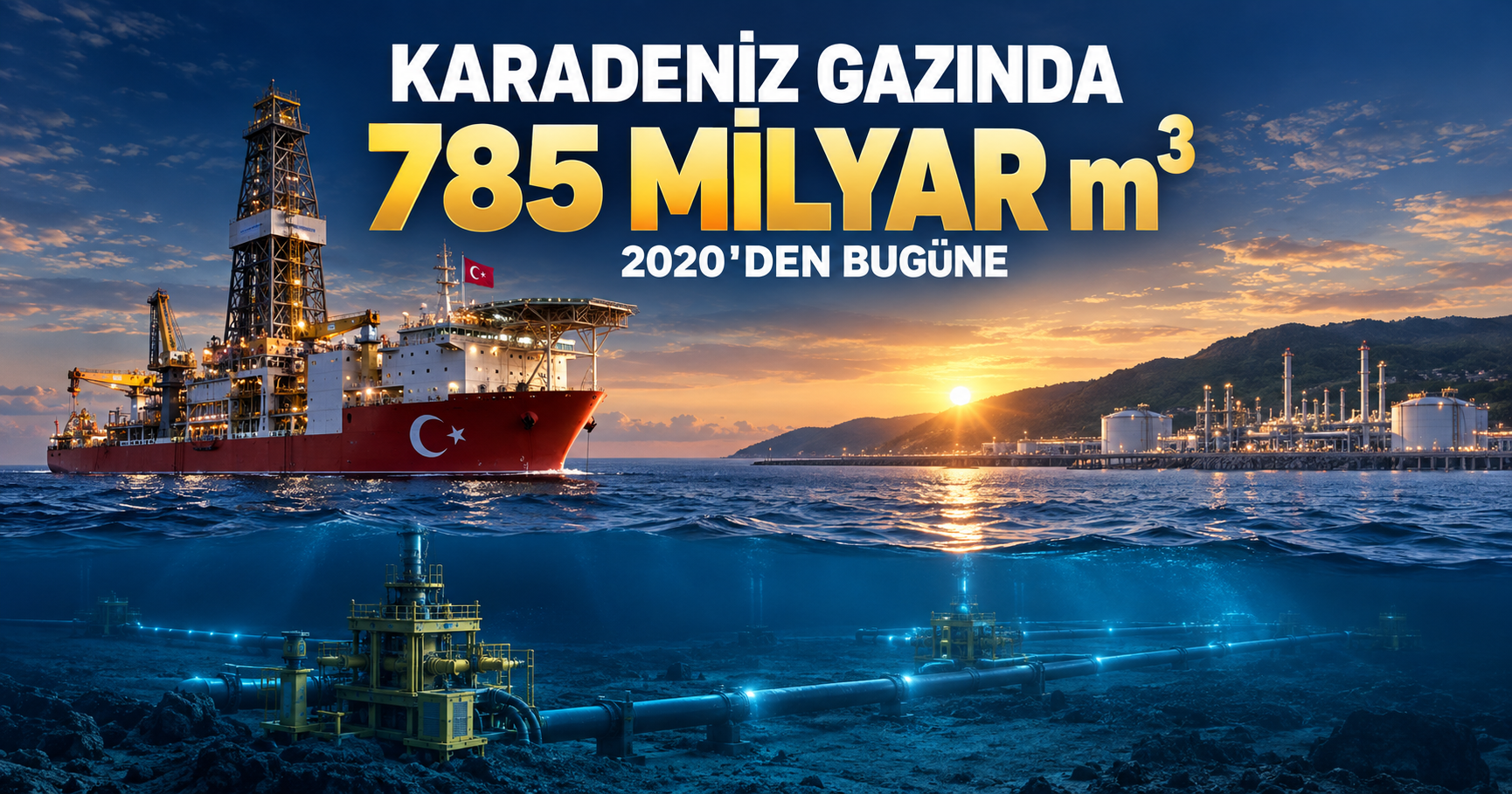 Karadeniz'deki sondaj gemileri, Sakarya Gaz Sahası ve Filyos doğal gaz tesisini gösteren Ekonomi365 haber görseli