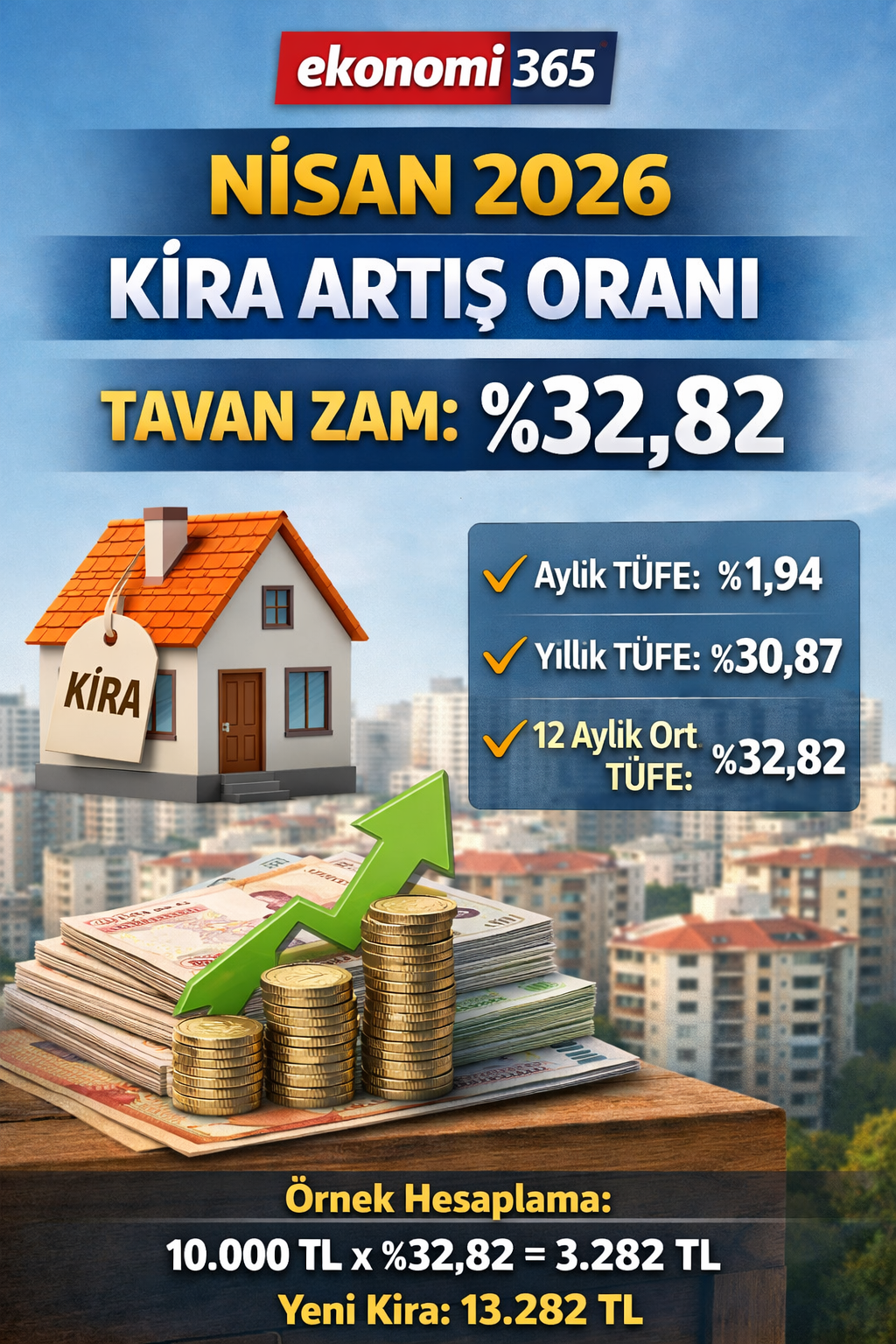 Nisan 2026 kira artış oranı yüzde 32,82 TÜFE 12 aylık ortalama