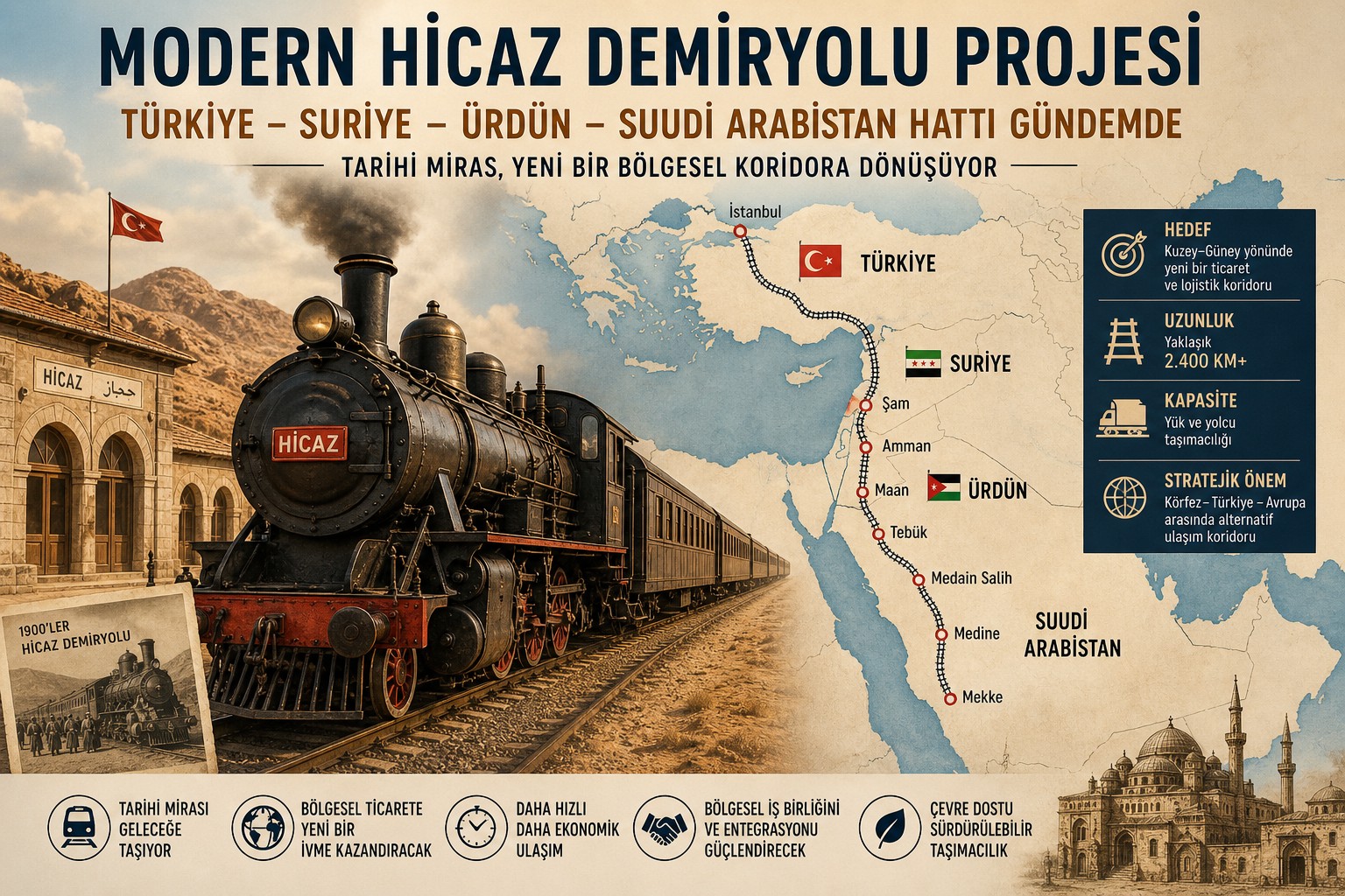 Modern Hicaz Demiryolu Türkiye Suriye Ürdün Suudi Arabistan demiryolu koridoru