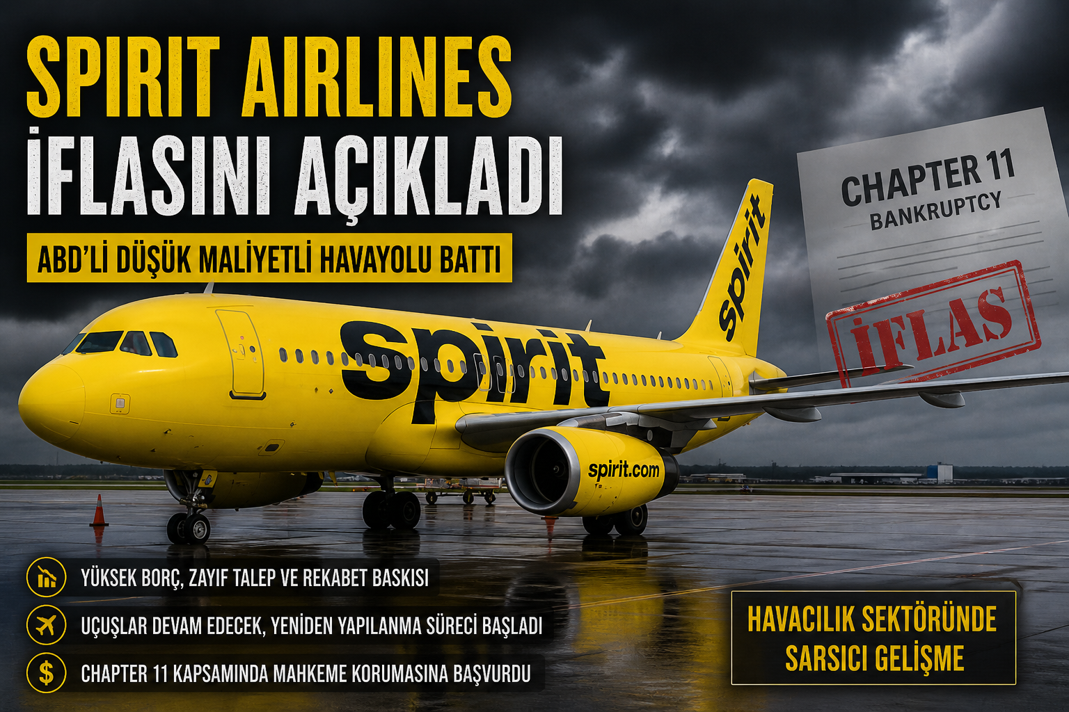 Spirit Airlines iflası son 10 yılda batan havayolları filo uçak sayısı ana istasyonlar ve batış nedenleri