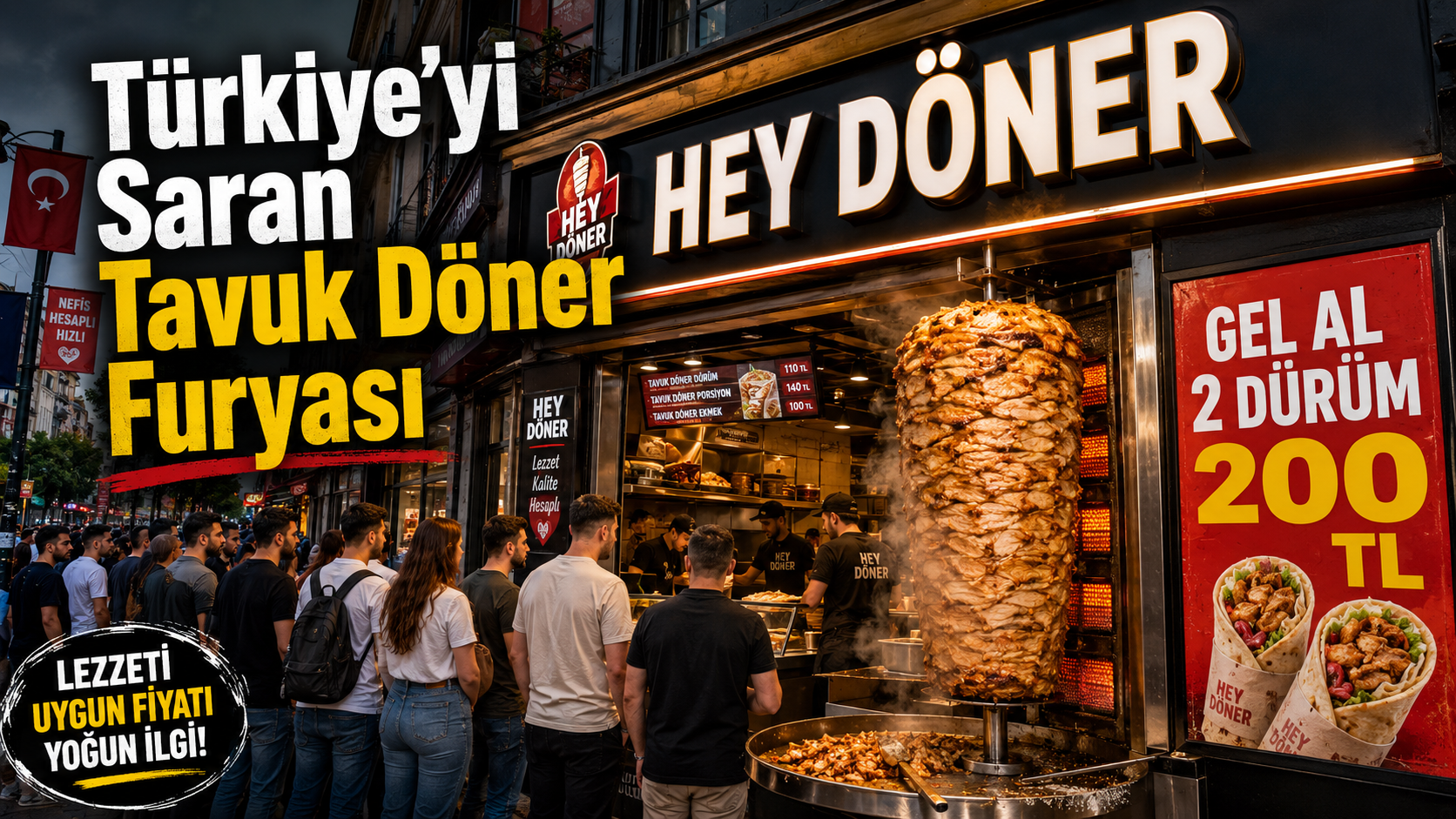 Türkiye’yi saran tavuk döner furyası Hey Döner tabelalı dükkân, büyük tavuk döner ve kuyrukta bekleyen insanlar