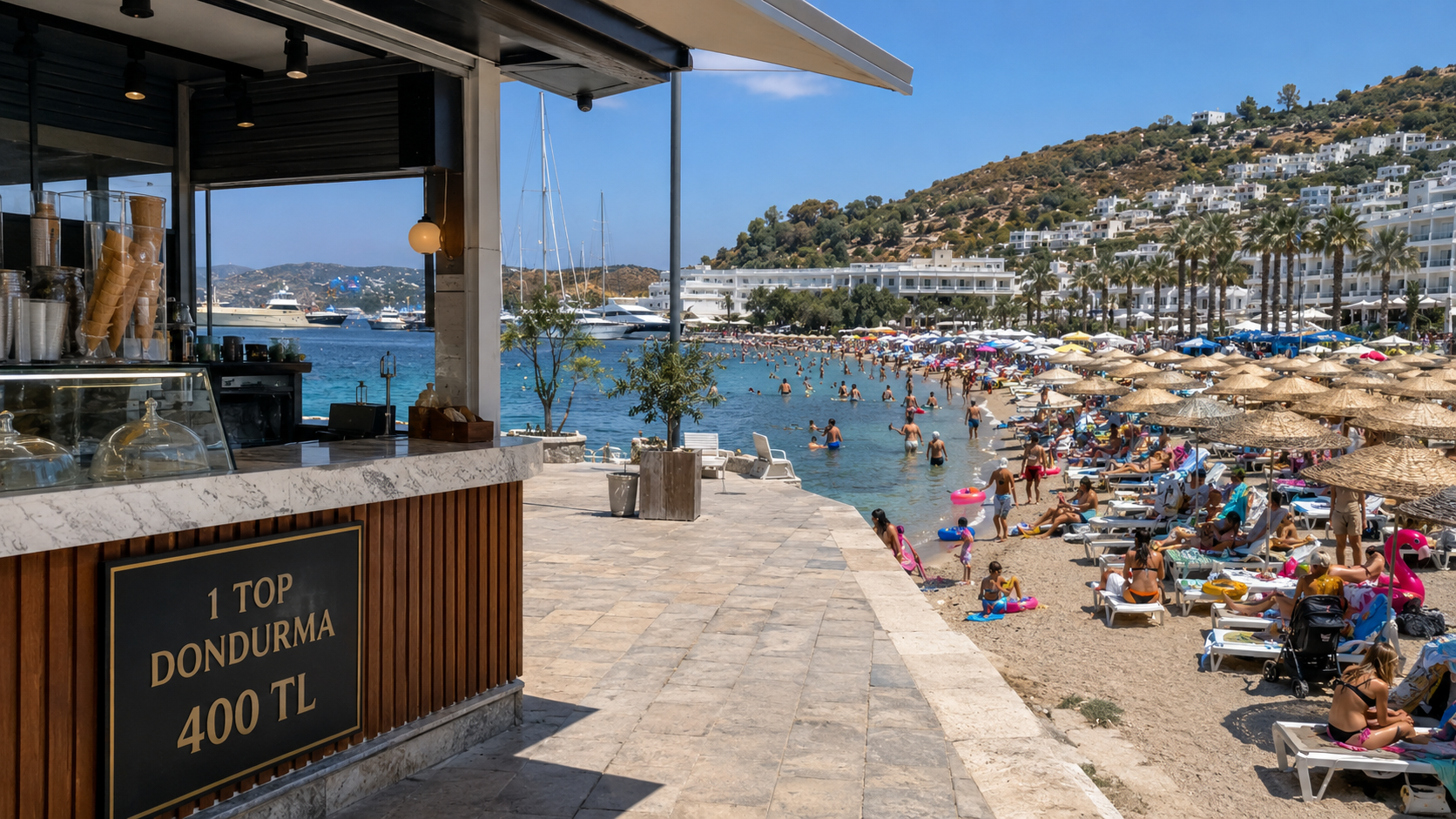 Bodrum’da 400 TL’lik dondurma fiyatı, boş sahil ve dolu tatil köyü üzerinden turizmde orta gelirli turistin davranış değişikliğini anlatan görsel