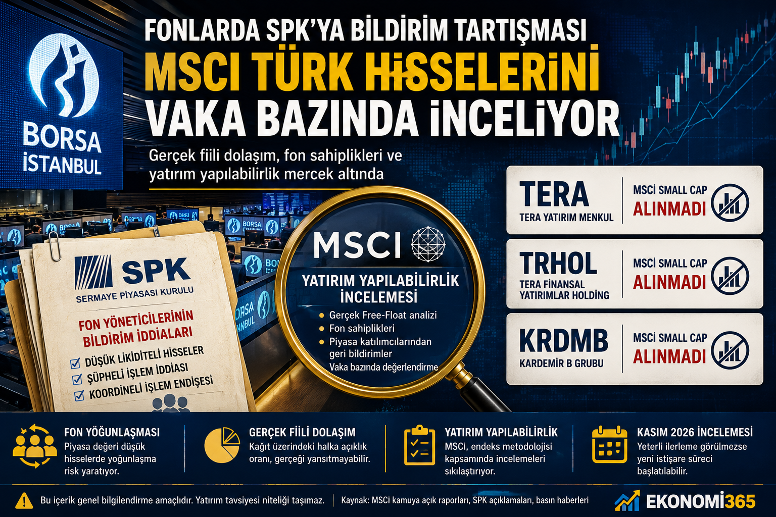 Borsa İstanbul'da fon yöneticilerinin SPK'ya bildirimleri, MSCI'ın Türk hisselerini vaka bazında incelemesi, düşük likiditeli hisseler ve gerçek fiili dolaşım tartışmasını anlatan Ekonomi365 haber görseli