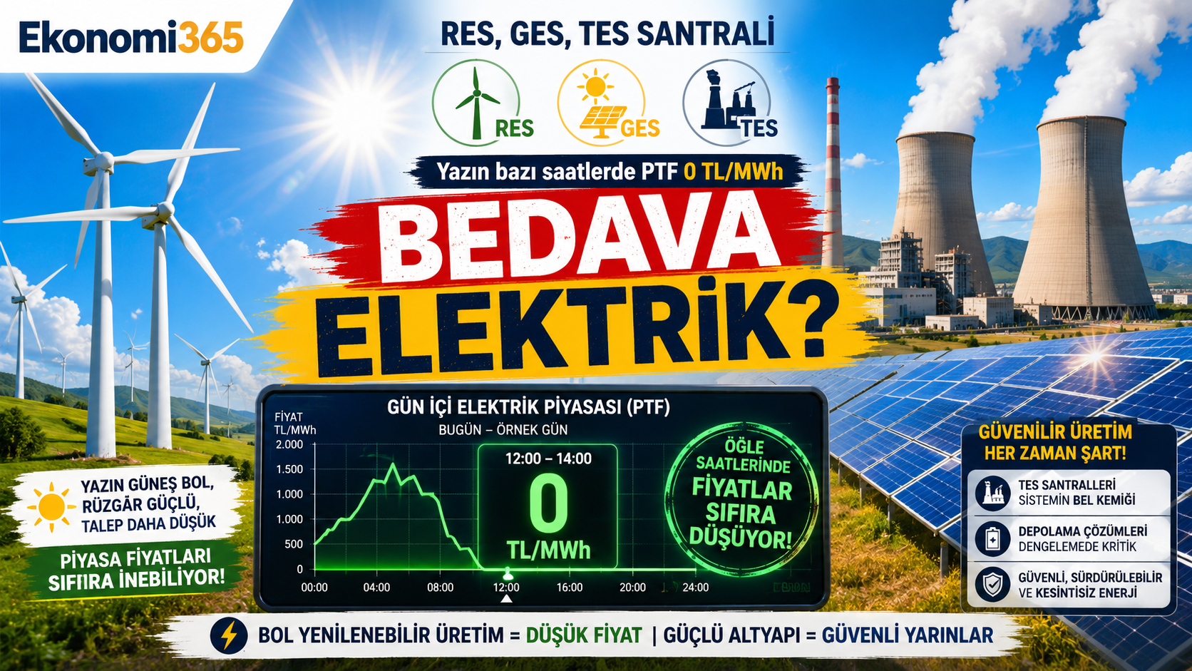GES HES depolamalı güneş enerjisi ve baz yük termik santrallerin PTF ve SMF üzerindeki etkisini anlatan Ekonomi365 haber görseli