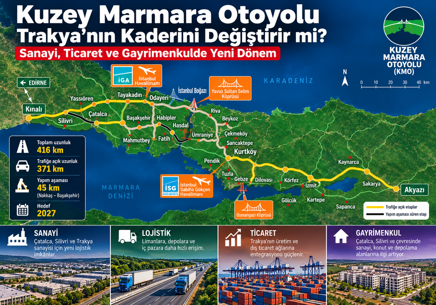 Kuzey Marmara Otoyolu Nakkaş Başakşehir ve Trakya sanayi lojistik koridoru