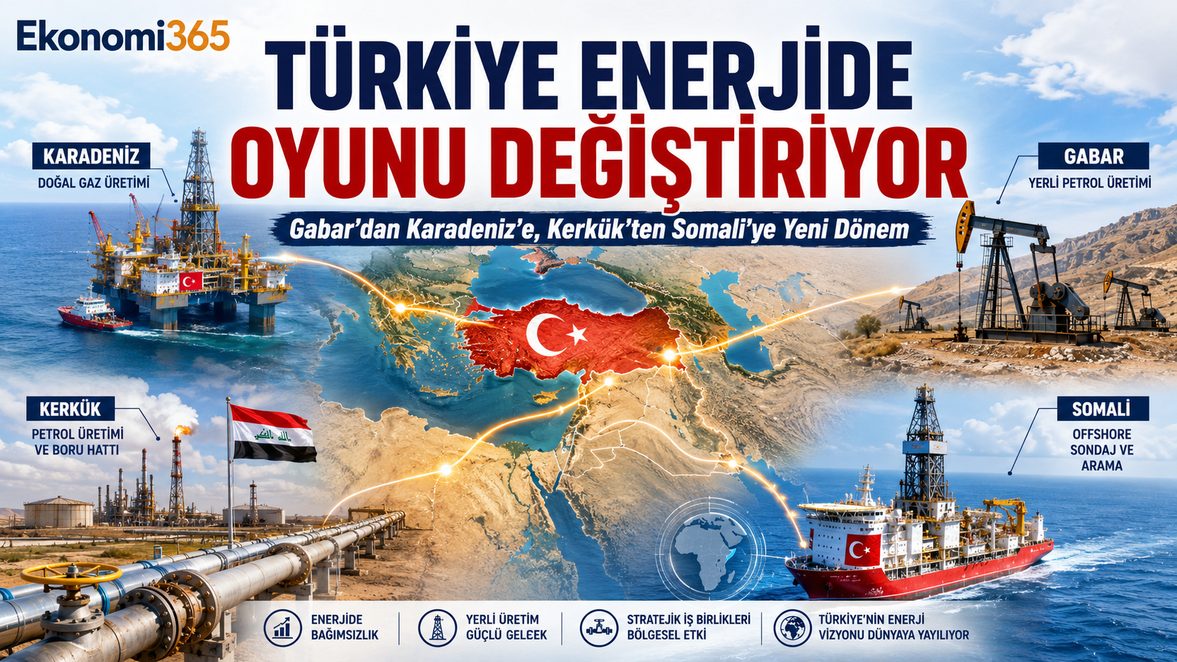 Türkiye'nin Gabar petrolü, Karadeniz doğal gazı, Kerkük ve Somali enerji yatırımlarıyla dışa bağımlılığı azaltma stratejisini anlatan Ekonomi365 haber görseli
