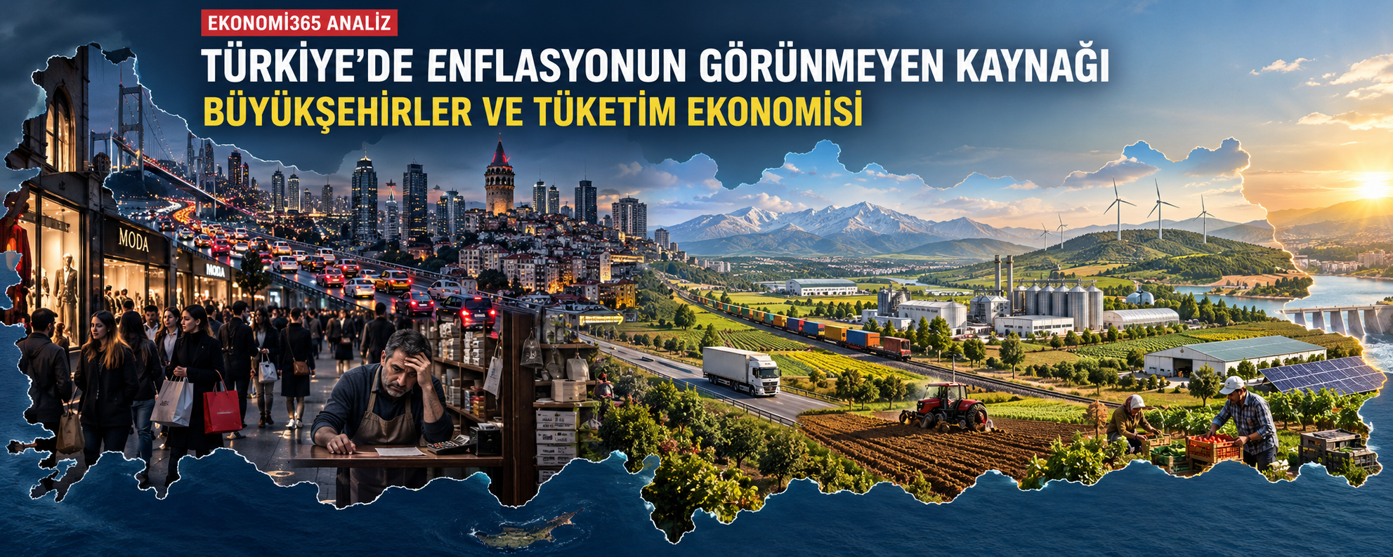 Türkiye haritası üzerinde büyükşehirlerde tüketim ve maliyet baskısı ile Anadolu'da tarım, sanayi ve lojistik üretimi