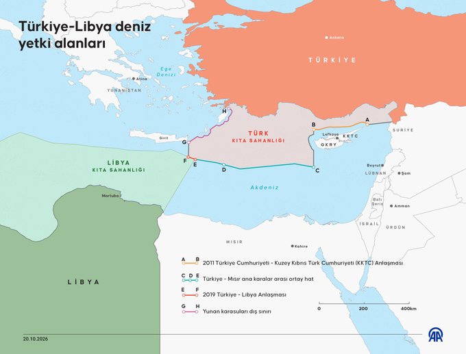 Türkiye-Libya deniz yetki alanları mutabakatı ve Doğu Akdeniz'deki kıta sahanlığı hatlarını gösteren harita