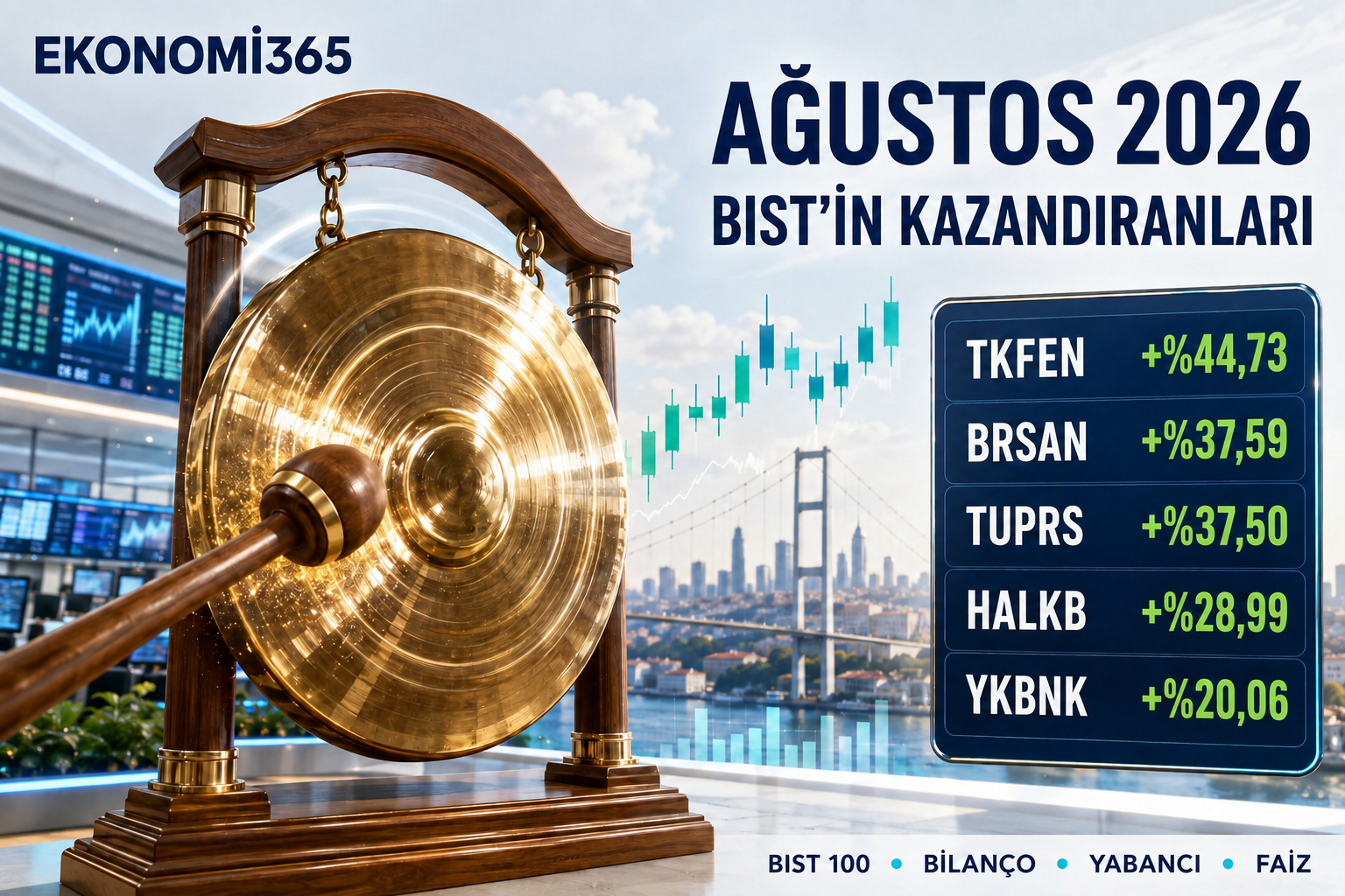 Ağustos 2026 BIST 100 değerlendirmesi, borsa gongu, kazandıran hisseler, bilançolar, yabancı yatırımcı, faiz ve enerji piyasası