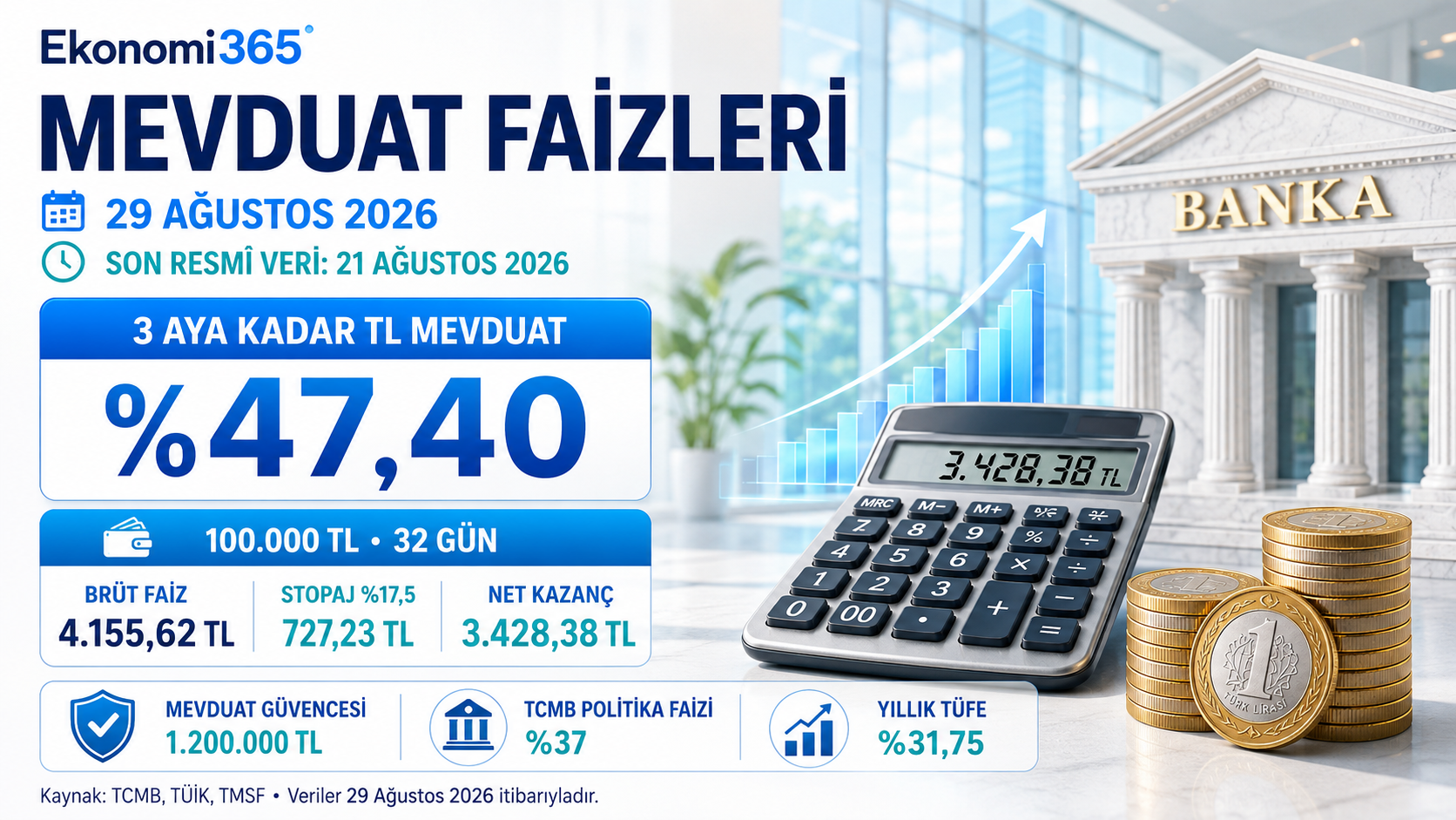 29 Ağustos 2026 mevduat faizleri 100 bin TL 32 günlük net getiri stopaj enflasyon ve TCMB faiz görünümü
