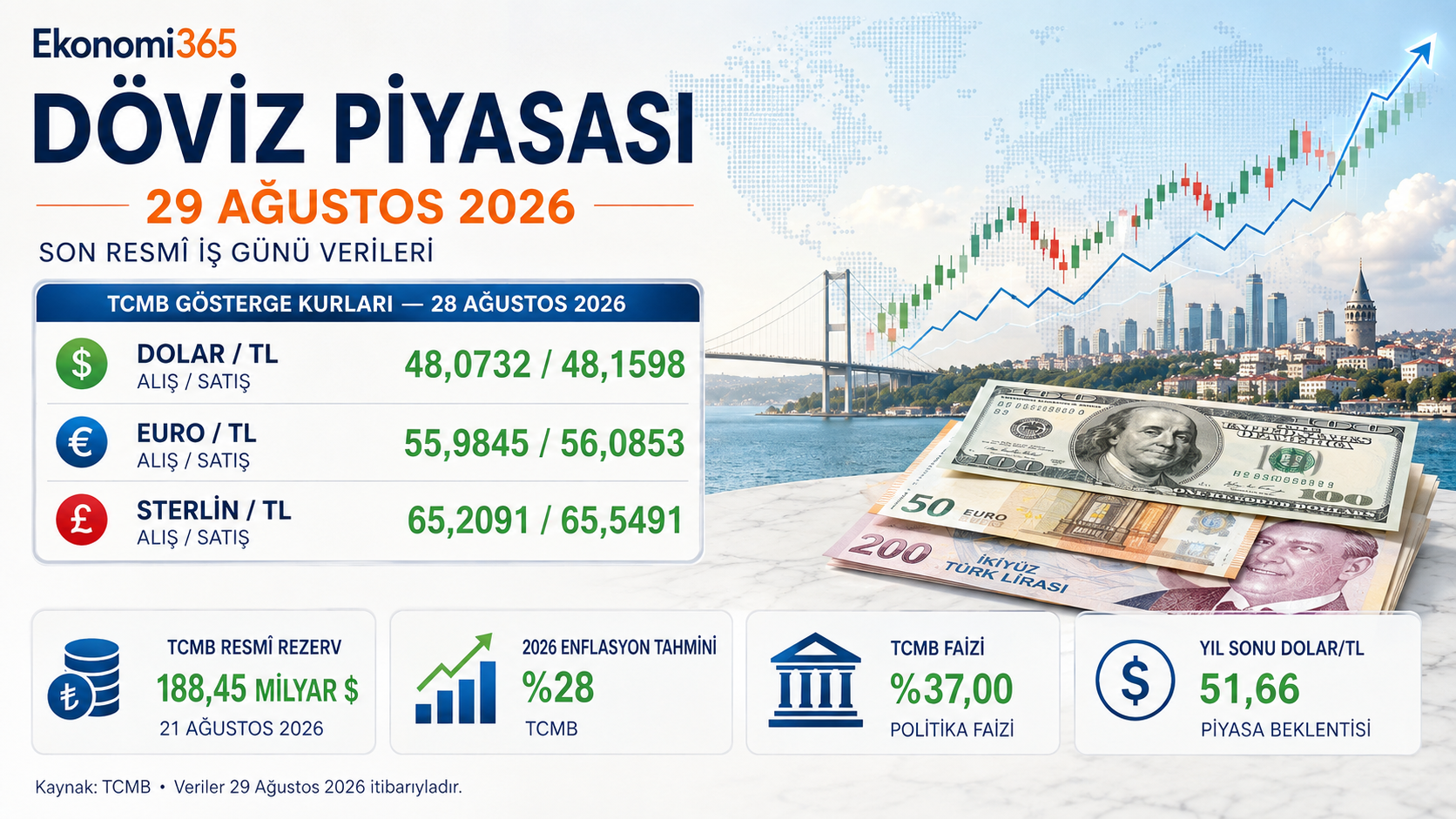 29 Ağustos 2026 dolar euro sterlin TCMB gösterge kurları rezervler faiz ve döviz piyasası analizi