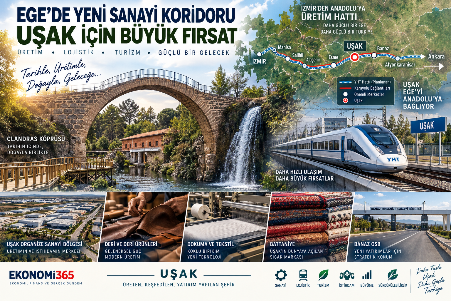 Uşak sanayi ve turizm koridoru, Ankara İzmir ulaşım hattı, Uşak OSB, Banaz, Ulubey Kanyonu ve Blaundos Antik Kenti