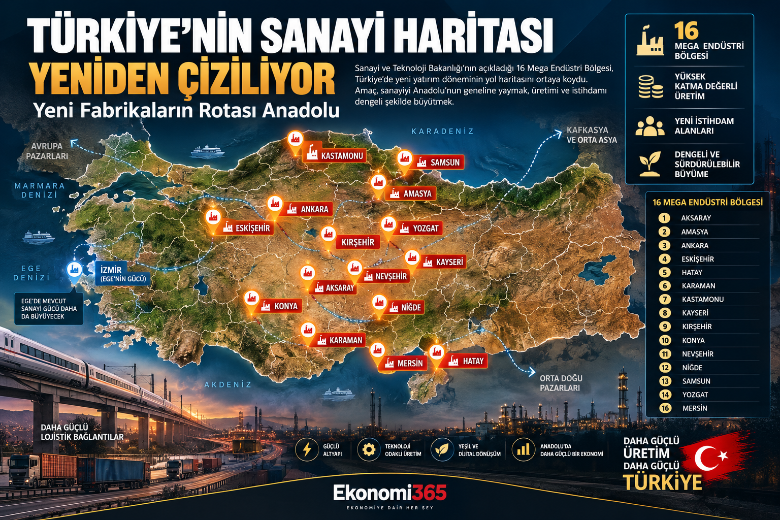 Türkiye sanayi haritası, Anadolu'da planlanan 16 mega endüstri bölgesi ve yeni fabrika yatırımları
