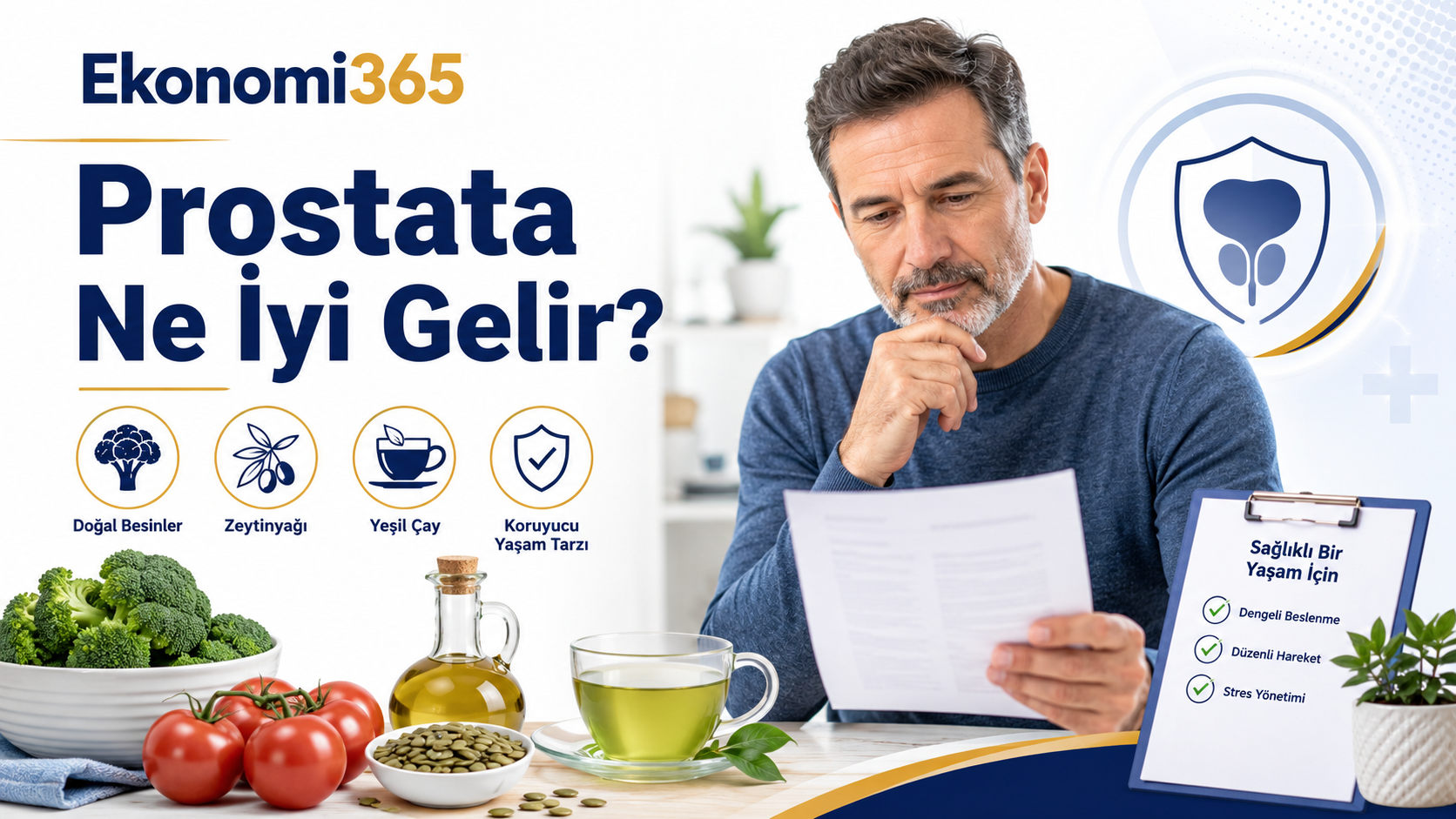 Prostat sağlığı için domates, kabak çekirdeği, zeytinyağı, brokoli ve saw palmetto hakkında bilgilendirici görsel