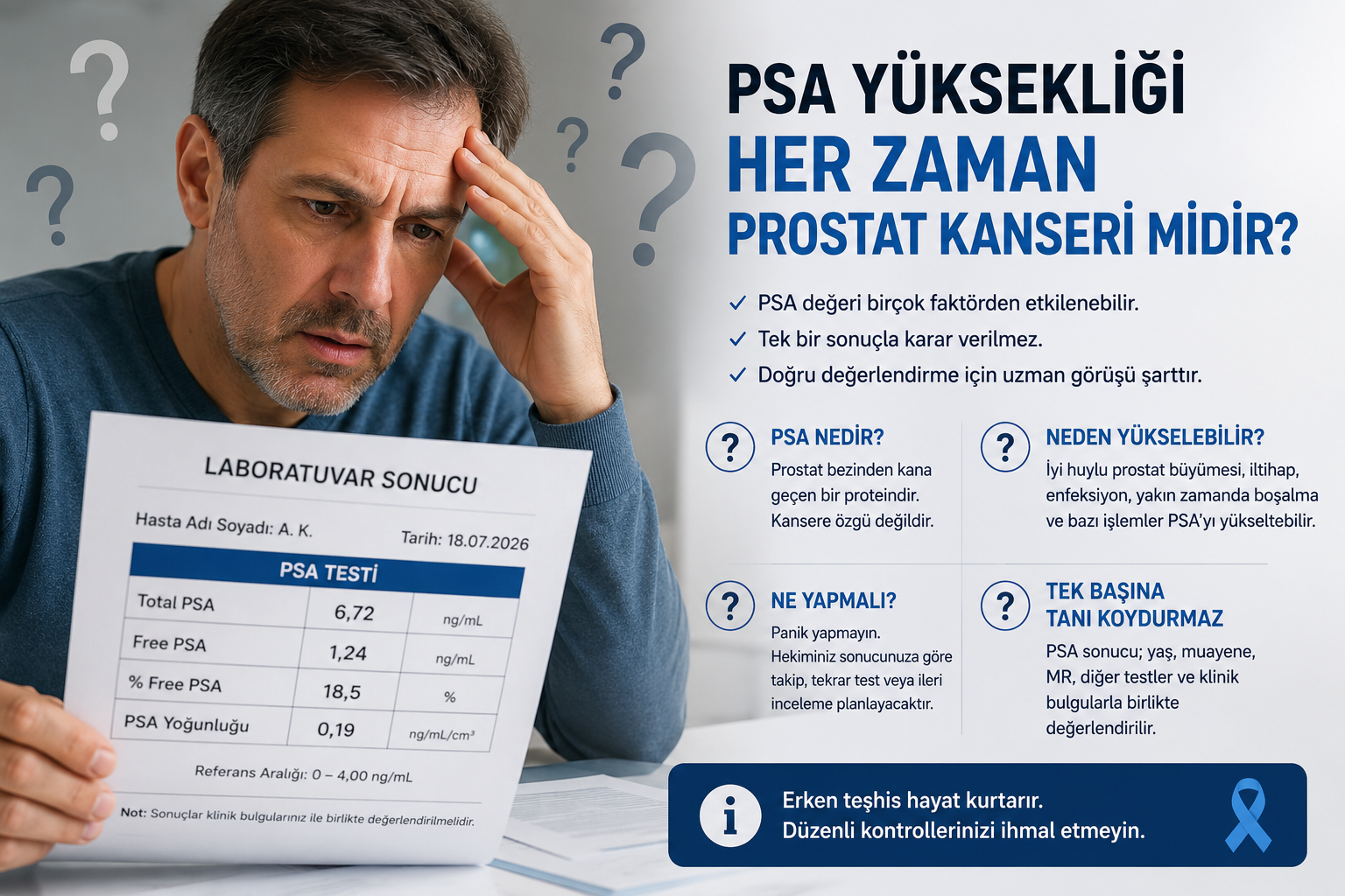 PSA yüksekliği prostat kanseri riski kan testi sonucu prostat muayenesi ve Dr. Yıldırım Özer değerlendirmesi