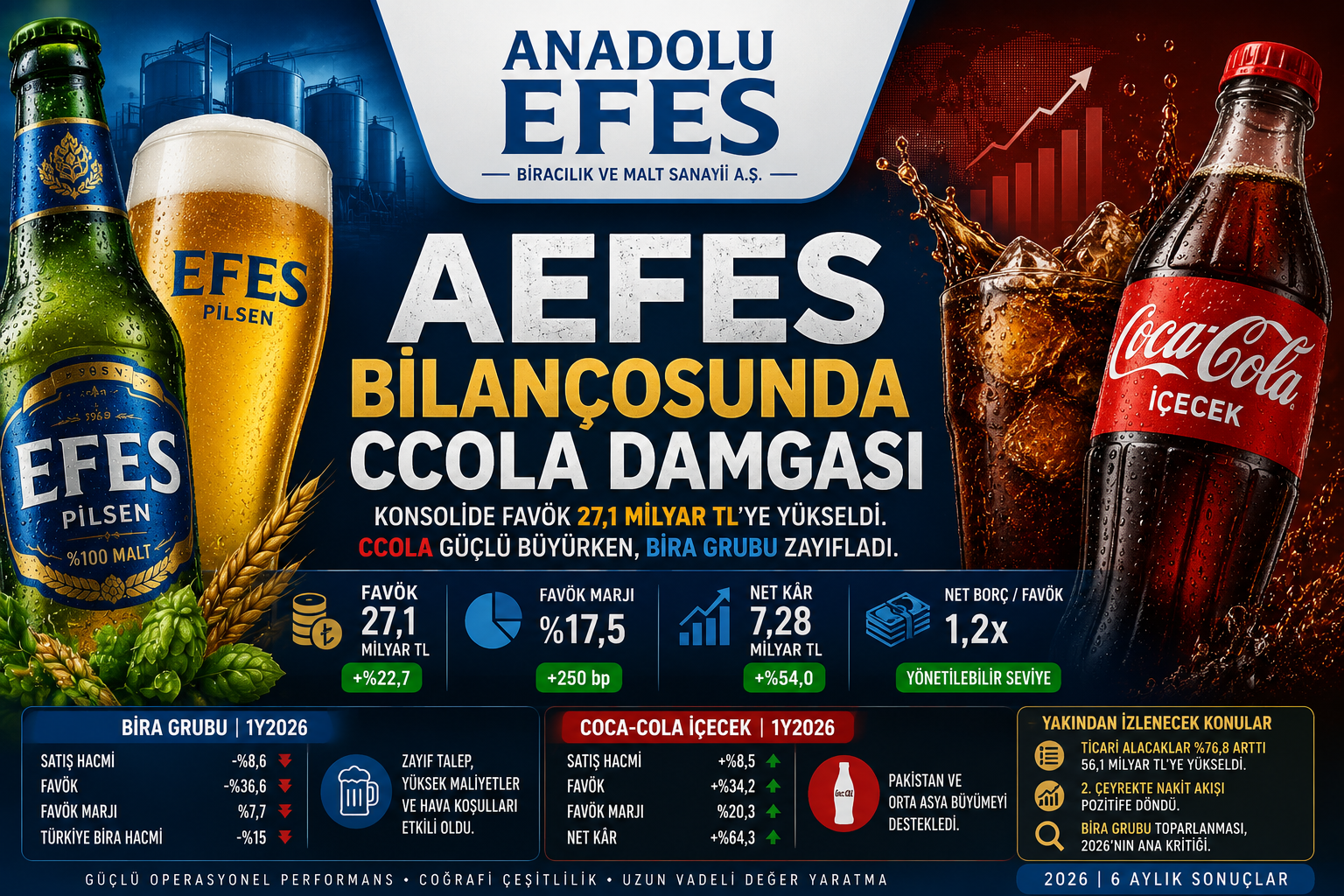 Anadolu Efes AEFES 2026 altı aylık bilanço analizi CCOLA Bira Grubu FAVÖK net kâr ticari alacaklar nakit akışı net borç ve 2025 bilanço karşılaştırması