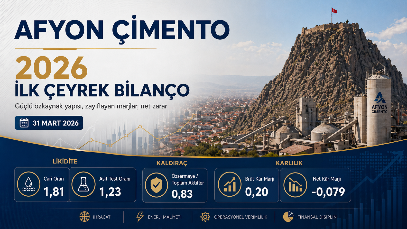 Afyon Çimento AFYON 2026 ilk çeyrek bilanço analizi hasılat brüt kar net zarar nakit stok enerji maliyetleri ihracat ve temettü