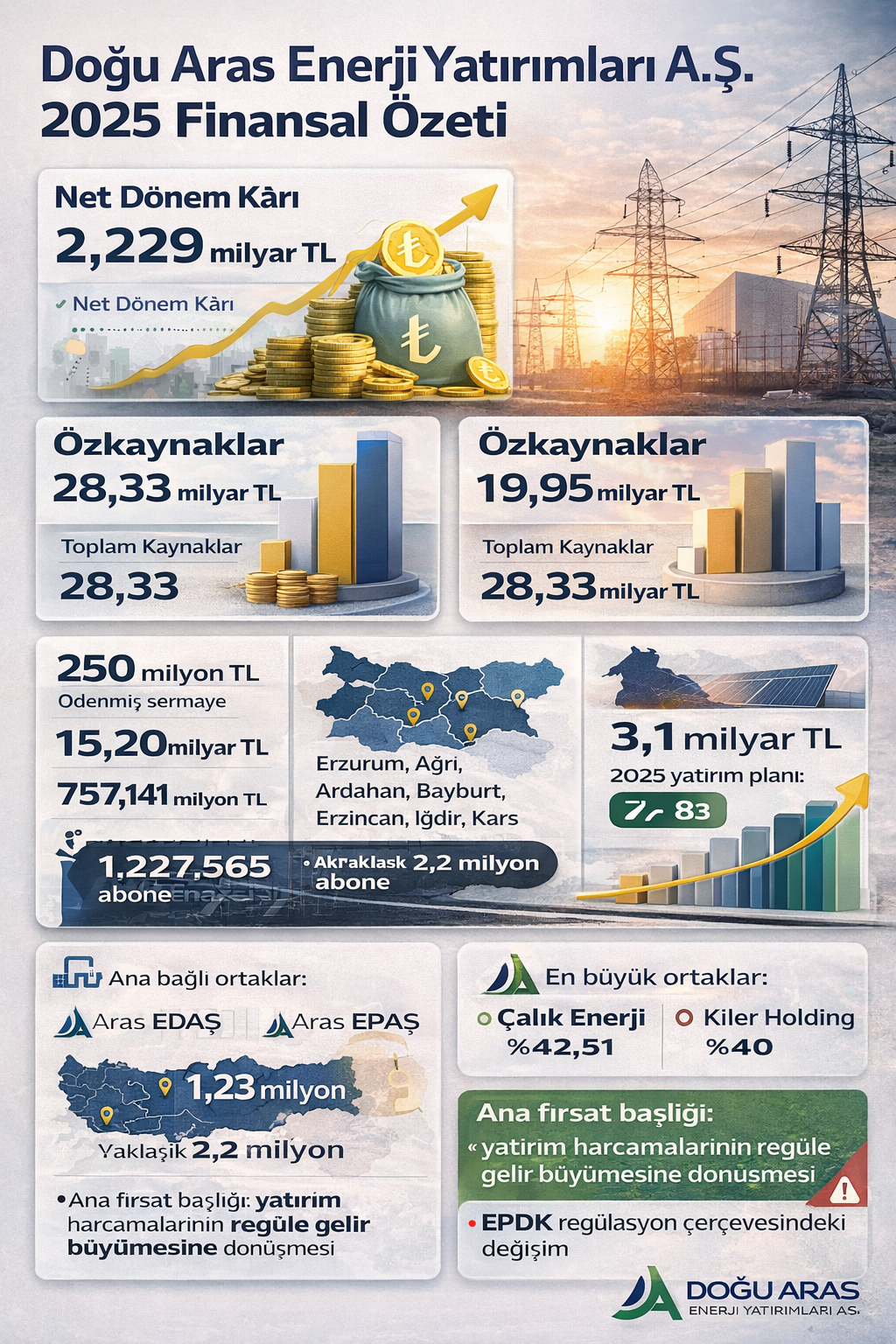 Aras Elektrik ARASE 2025 finansalları net kar özkaynak yatırım tüketici sayısı ve regüle gelir yapısı