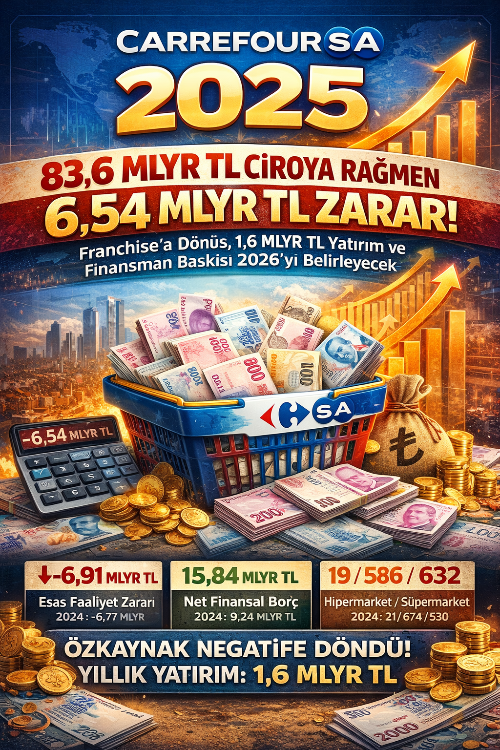 CarrefourSA (CRFSA) 2025 bilanço: 83,6 milyar TL hasılat, 6,54 milyar TL net zarar; franchise büyümesi ve 1,6 milyar TL yatırım