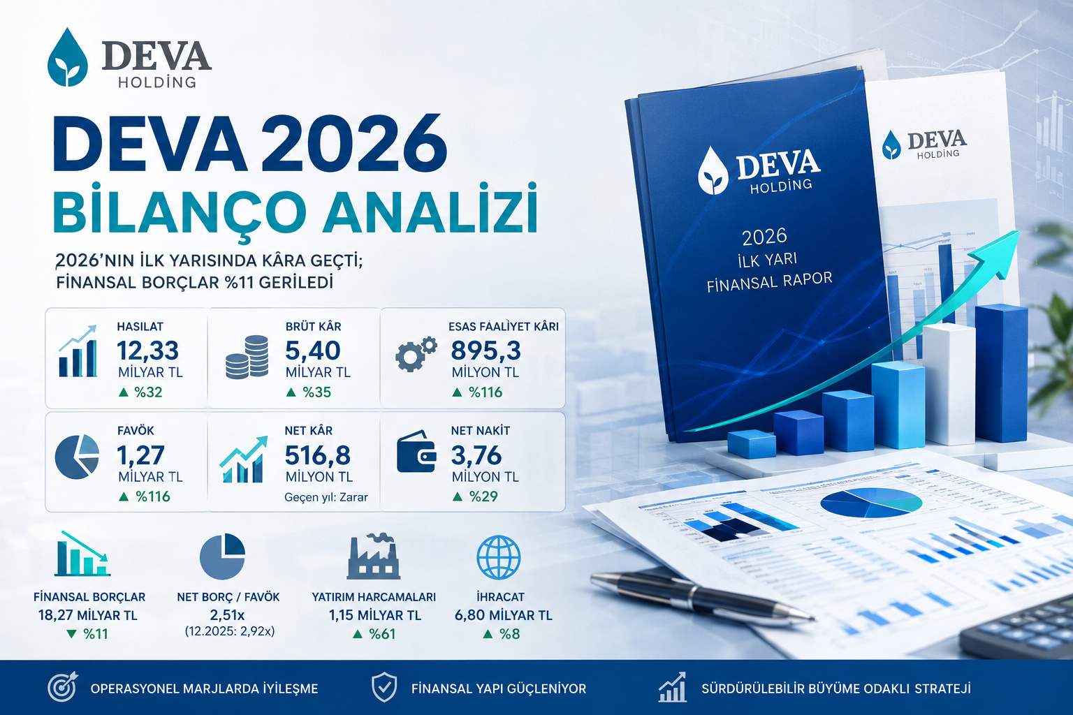 DEVA Holding DEVA 2026 ilk yarı bilanço analizi hasılat brüt kar esas faaliyet karı net kar finansal borçlar nakit akışı yatırımlar ihracat ve 12 2025 bilanço karşılaştırması
