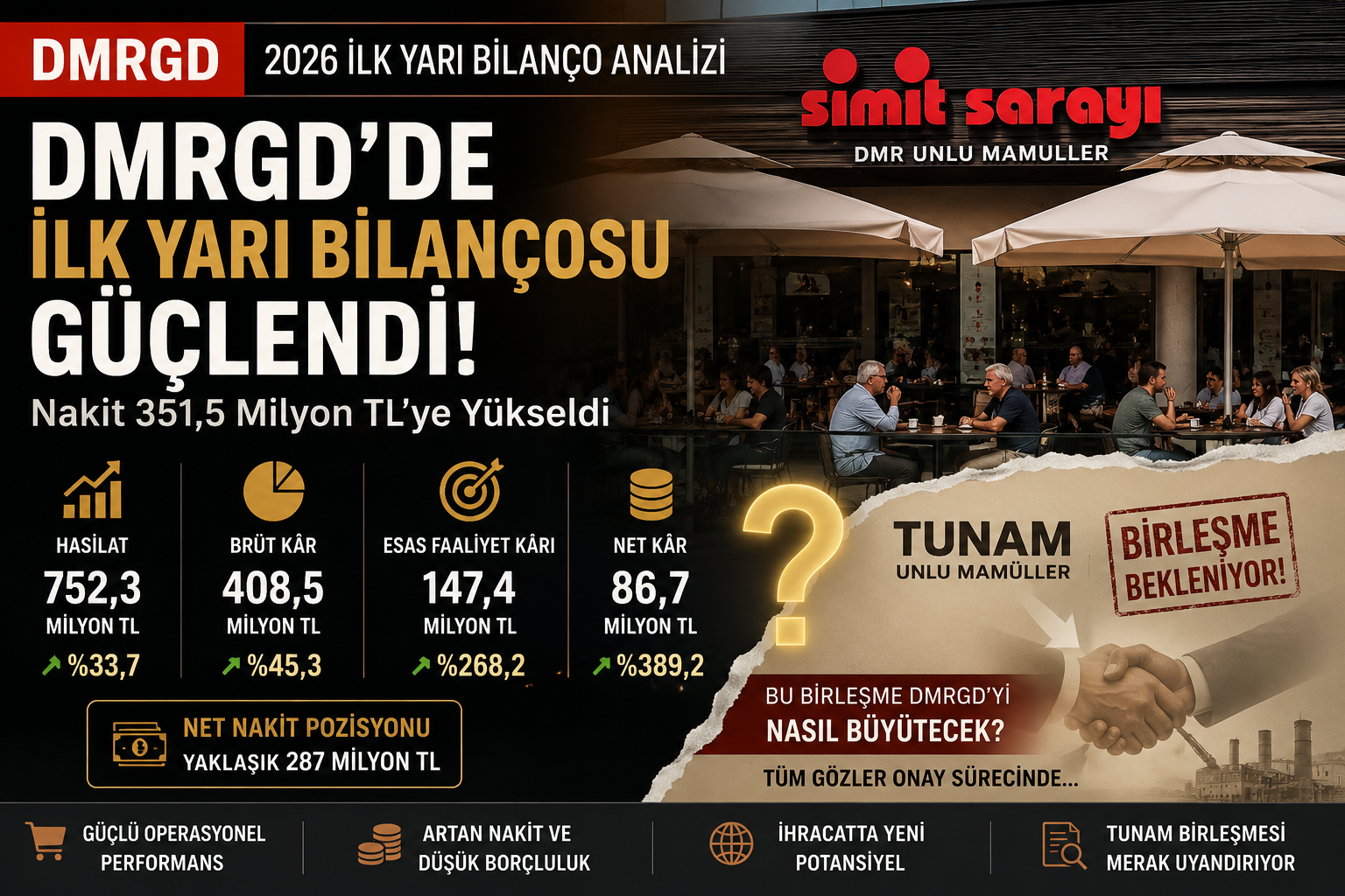 DMR Unlu Mamuller DMRGD 2026 ilk yarı bilanço analizi hasılat brüt kar esas faaliyet karı net kar nakit akışı finansal borçlar özkaynaklar ve Tunam Unlu Mamüller birleşme süreci