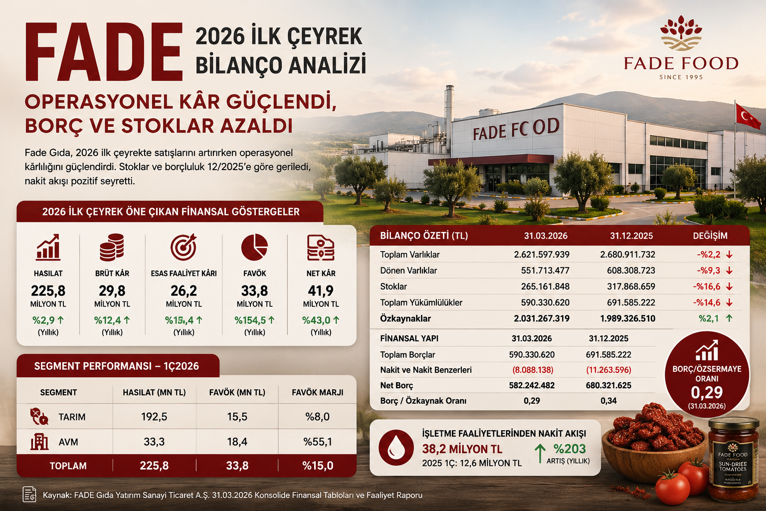 Fade Gıda FADE 2026 ilk çeyrek bilanço analizi hasılat brüt kar esas faaliyet karı FAVÖK net kar stoklar borçlar özkaynak ve 12 2025 bilanço karşılaştırması