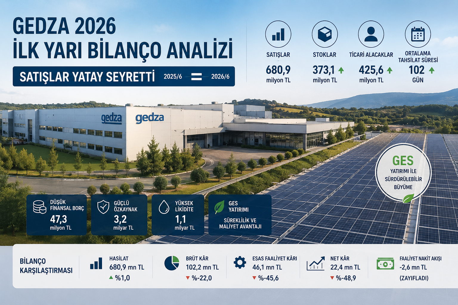 Gediz Ambalaj GEDZA 2026 ilk yarı bilanço analizi hasılat brüt kar esas faaliyet karı net kar stoklar ticari alacaklar tahsilat süresi nakit akışı finansal borçlar özkaynaklar GES yatırımı ve bilanço karşılaştırması