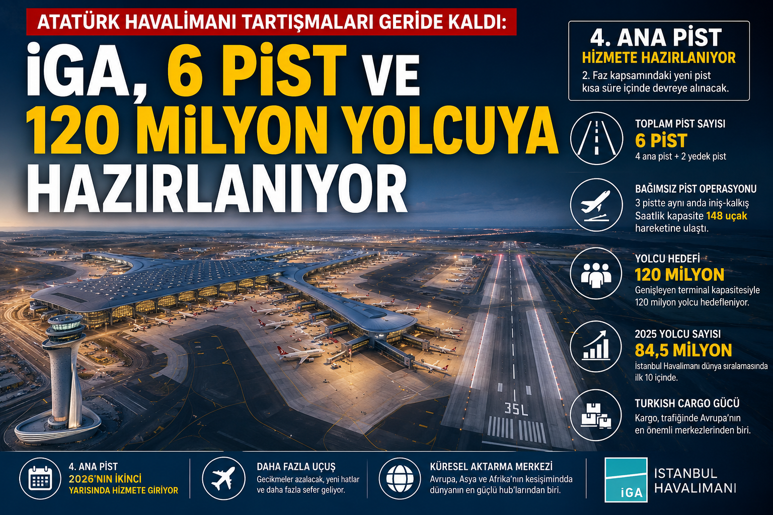 İGA İstanbul Havalimanı 4. ana pist toplam 6 pist 120 milyon yolcu hedefi THY Turkish Cargo bağımsız pist operasyonu
