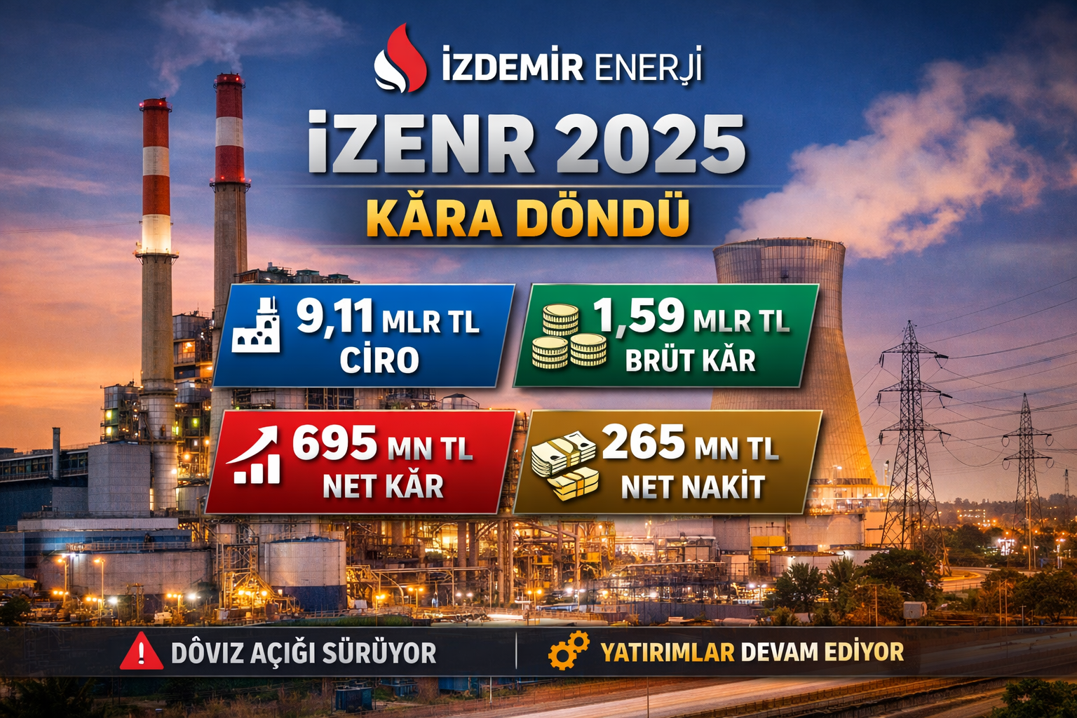 İZDEMİR Enerji (İZENR) 2025 bilanço: 9,11 milyar TL ciro, 695 milyon TL net kâr, 265 milyon TL net nakit