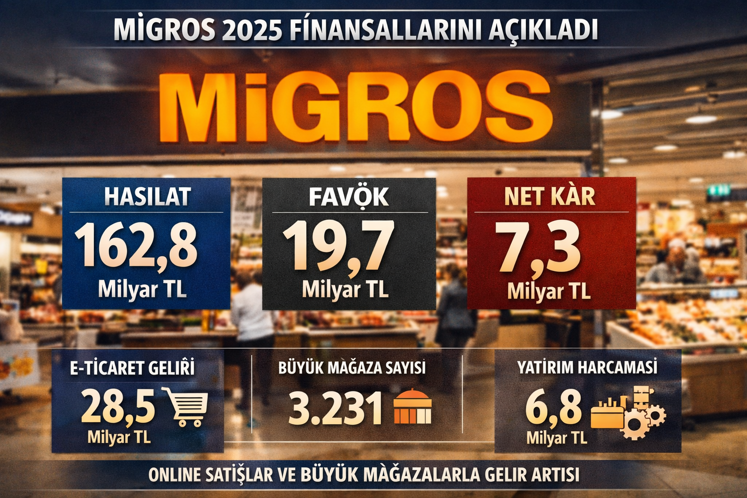 Migros 2025 finansalları: 412,8 milyar TL hasılat, 100,3 milyar TL brüt kâr, 6,79 milyar TL net dönem kârı; 3.792 mağaza, 55.434 çalışan