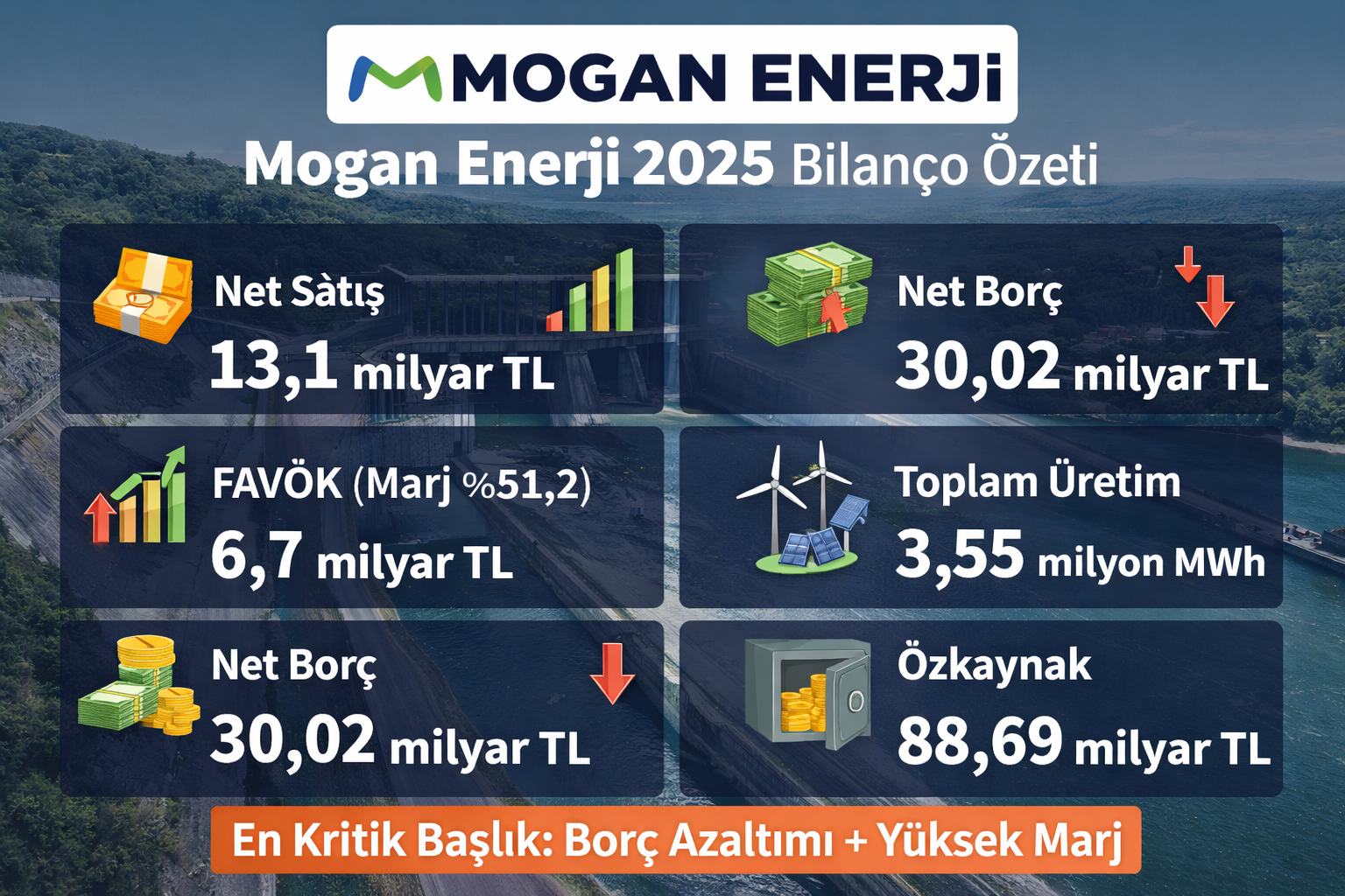 Mogan Enerji 2025 finansalları net satış FAVÖK net borç özkaynak ve elektrik üretimi