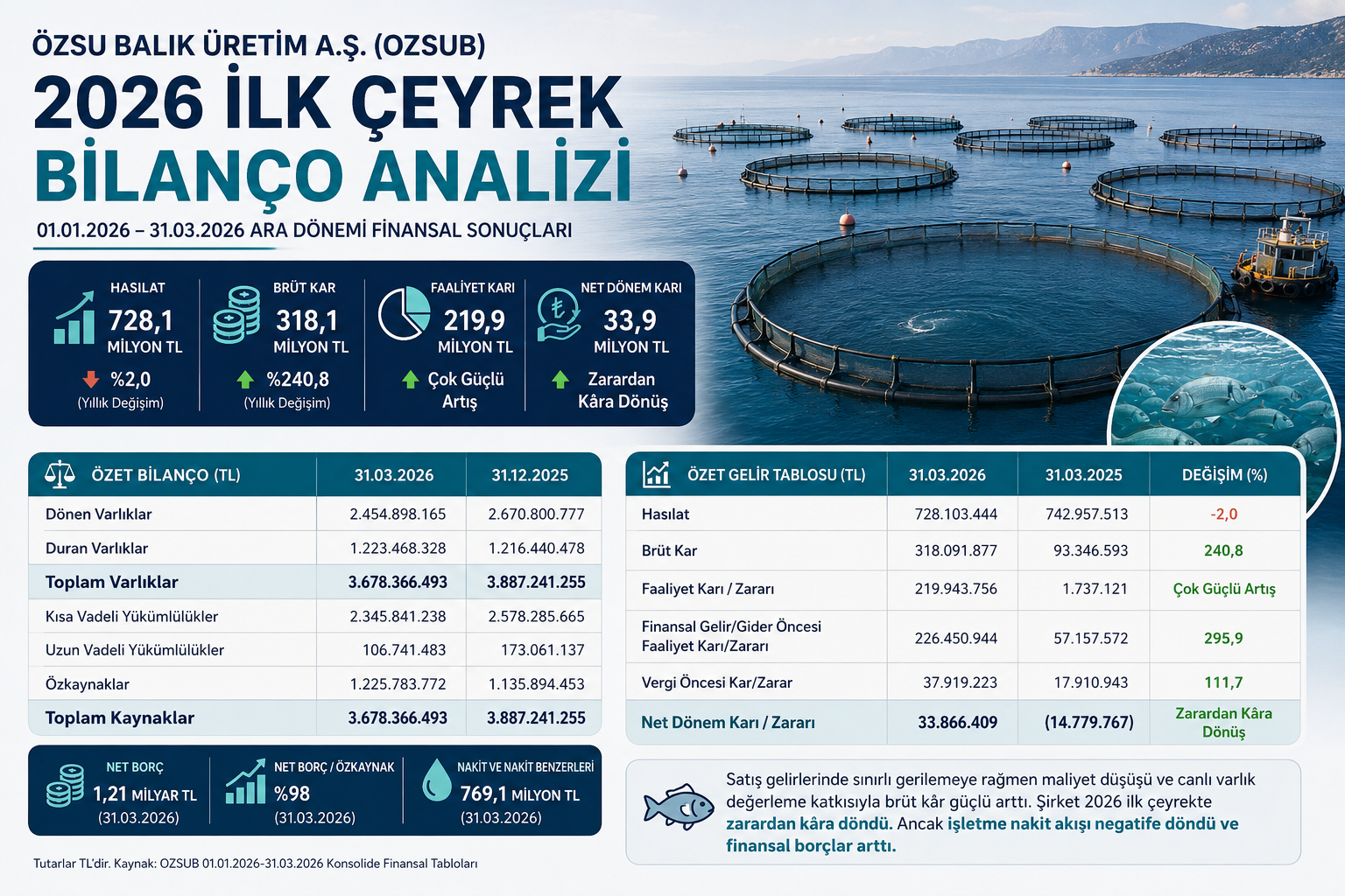 Özsu Balık OZSUB 2026 ilk çeyrek bilanço analizi hasılat brüt kar faaliyet karı net kar canlı varlık net borç nakit akışı ve 12 2025 bilanço karşılaştırması