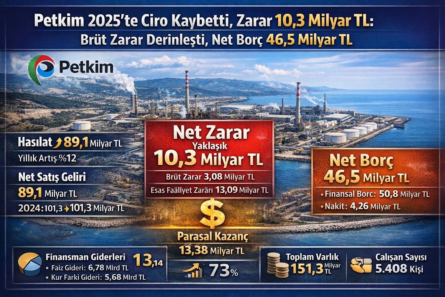 Petkim 2025 finansalları: 89,1 milyar TL net satış, 3,08 milyar TL brüt zarar, 13,09 milyar TL esas faaliyet zararı, 10,26 milyar TL net dönem zararı; toplam varlık 151,3 milyar TL