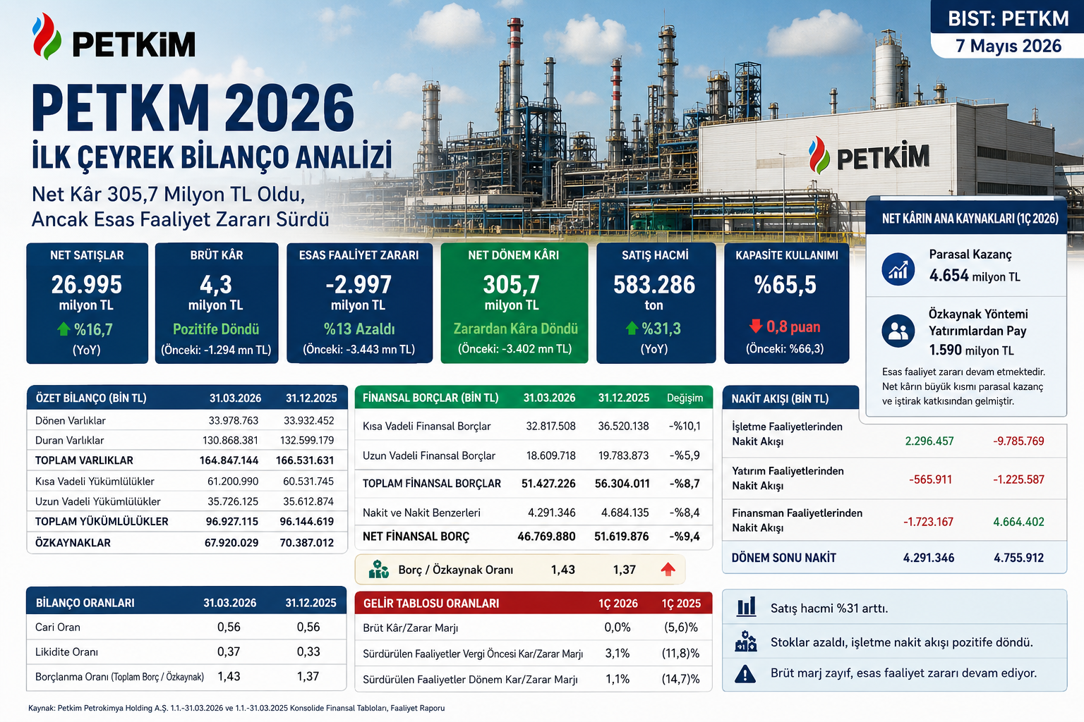 Petkim PETKM 2026 ilk çeyrek bilanço analizi hasılat brüt kar esas faaliyet zararı net kar stoklar finansal borçlar nakit akışı ve 12 2025 bilanço karşılaştırması