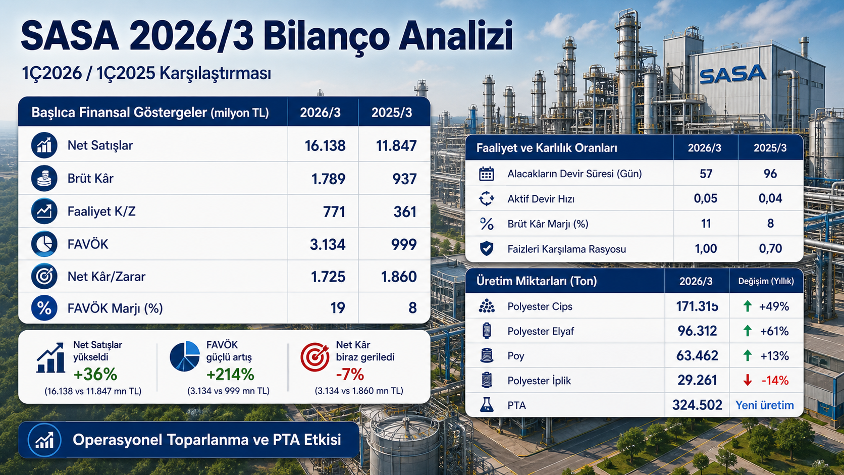 SASA Polyester 2026 ilk çeyrek bilanço analizi hasılat brüt kar FAVÖK net kar PTA üretimi satış hacmi finansal borç nakit akışı stoklar ve 12 2025 bilanço karşılaştırması