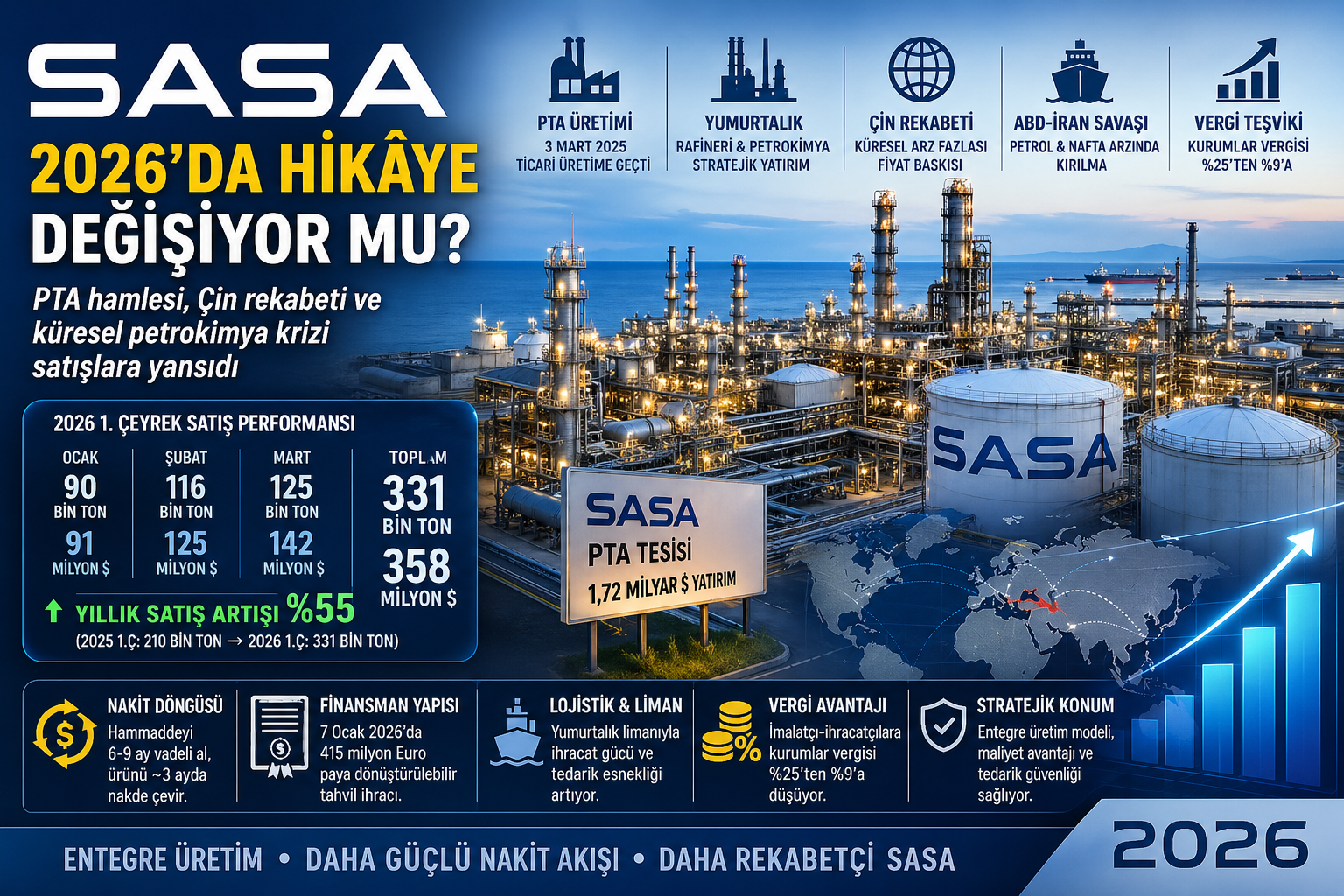 SASA 2026 analizi PTA yatırımı Yumurtalık rafineri Çin rekabeti ABD İran savaşı petrokimya krizi ve satış artışı