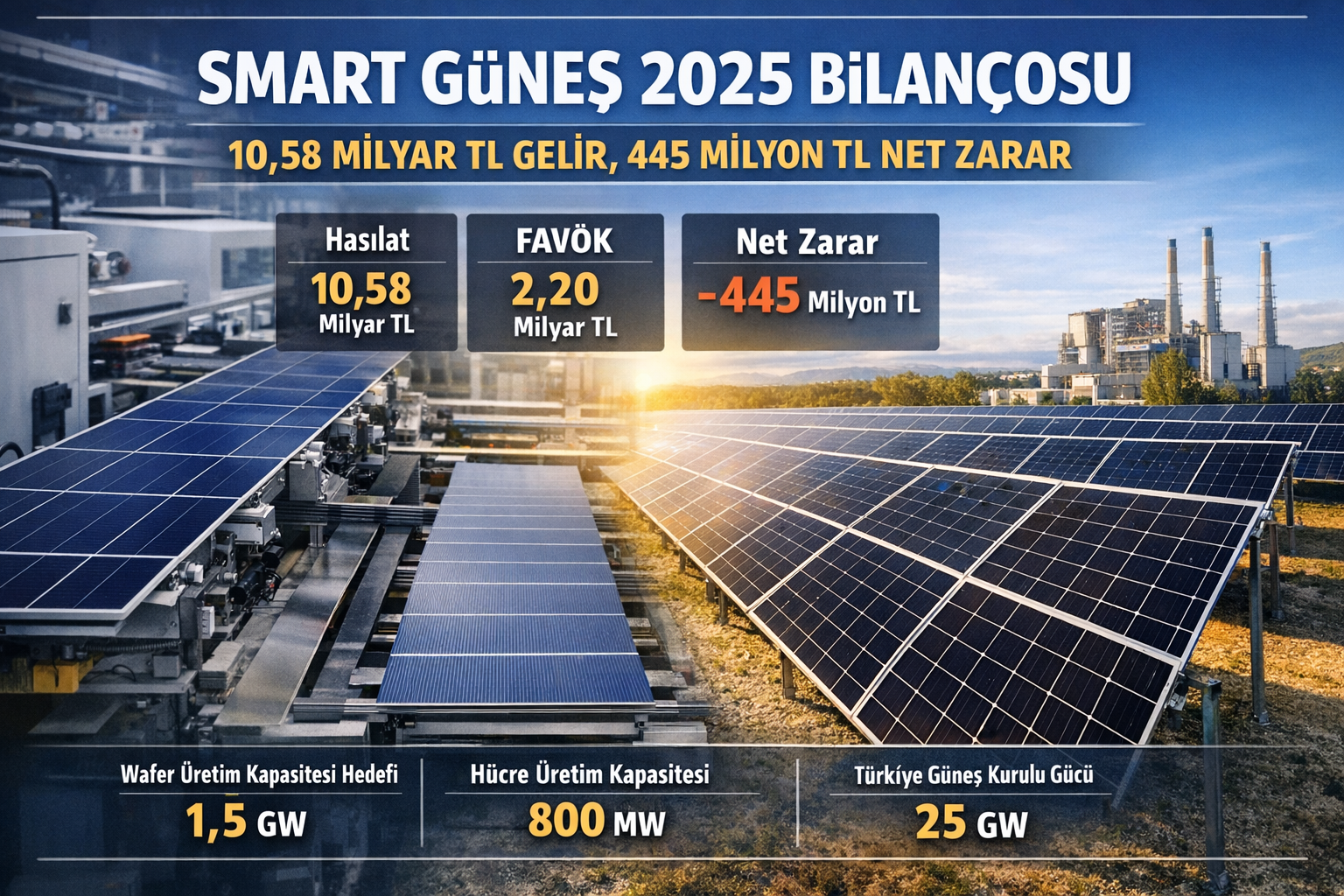 Smart Güneş Enerjisi (SMRTG) 2025 finansalları: 10,58 milyar TL hasılat, 2,54 milyar TL brüt kâr, 2,20 milyar TL FAVÖK; finansman giderleri ve yatırım etkisiyle 445 milyon TL net zarar