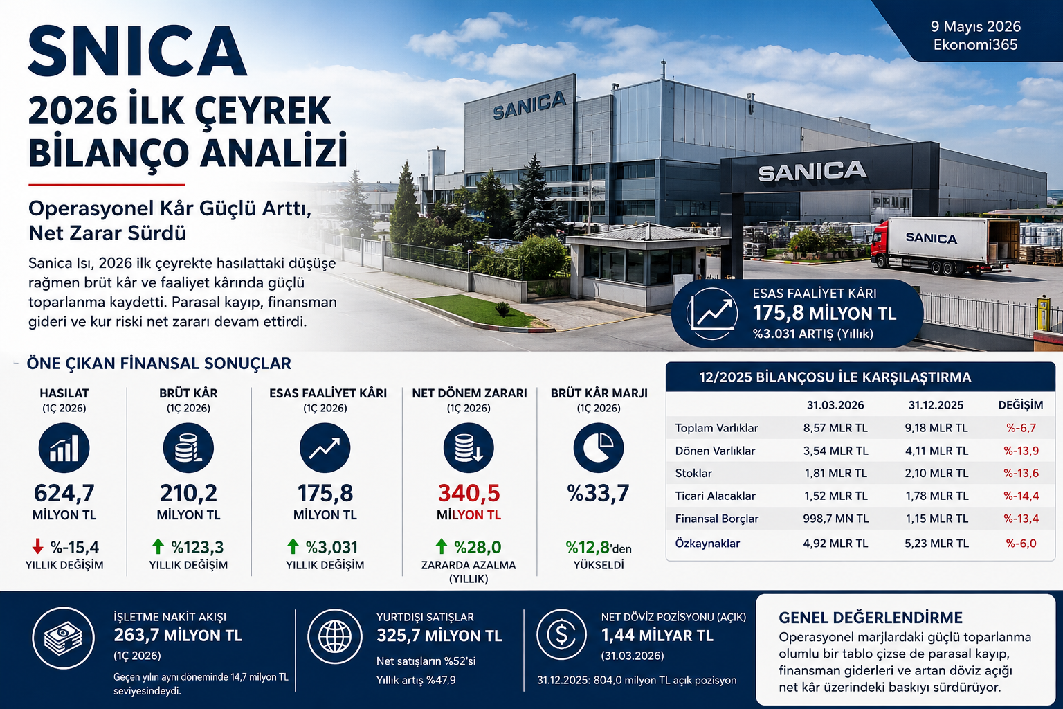 Sanica Isı SNICA 2026 ilk çeyrek bilanço analizi hasılat brüt kar esas faaliyet karı net zarar nakit akışı finansal borçlar kur riski ve 12 2025 bilanço karşılaştırması