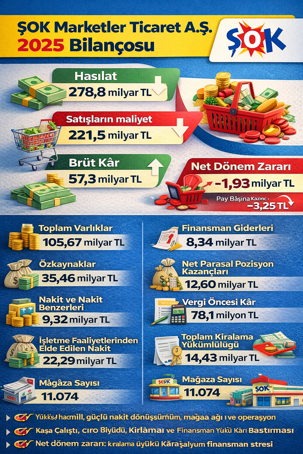 ŞOK Marketler 2025 finansalları hasılat net zarar brüt kar nakit akışı ve kiralama yükümlülüğü bilanço görünümü