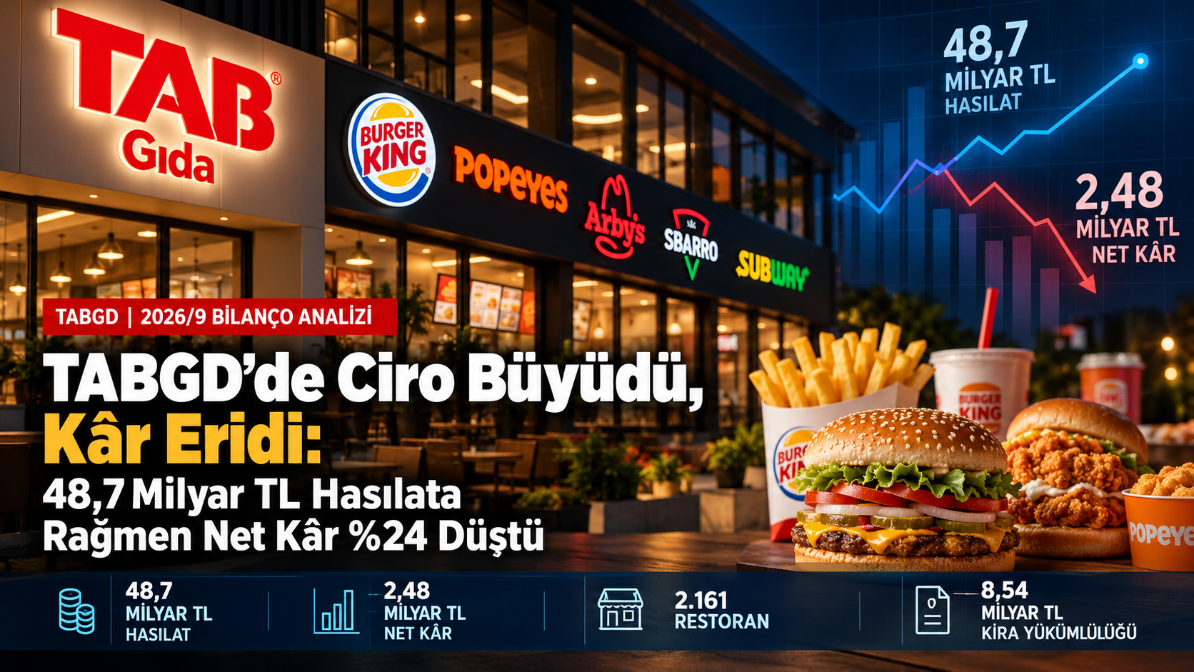 TAB Gıda TABGD 2026 dokuz aylık bilanço analizi, 48,74 milyar TL hasılat, 2,48 milyar TL net kâr, FAVÖK, restoran sayısı, kira yükümlülükleri ve nakit akışı