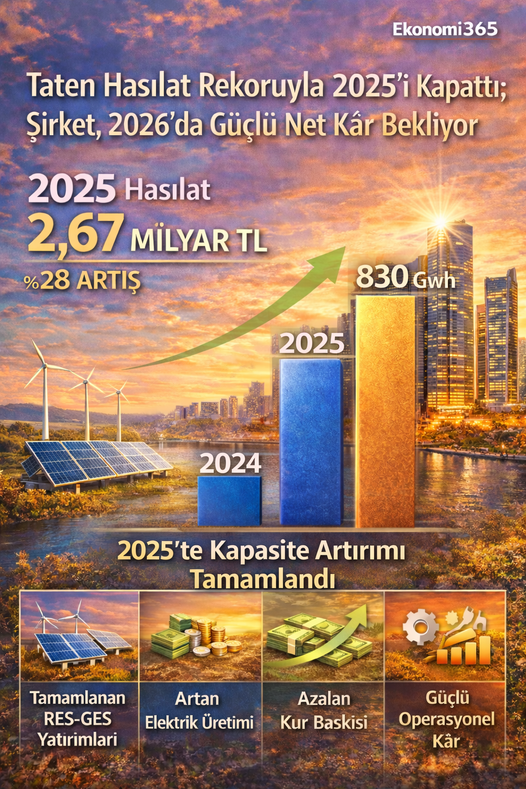 Tatlıpınar Enerji (TATEN) 2025 finansalları: 2,67 milyar TL hasılat, 1,06 milyar TL brüt kâr, 956 milyon TL faaliyet kârı; finansman giderleri nedeniyle 104 milyon TL net zarar