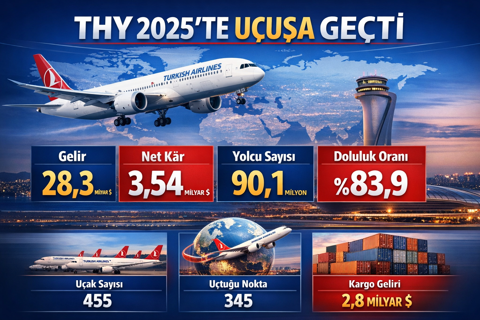 THYAO 2025 finansalları: 955,5 milyar TL hasılat, 155,6 milyar TL brüt kâr, 118,1 milyar TL net dönem kârı; vergi öncesi kâr 137,6 milyar TL