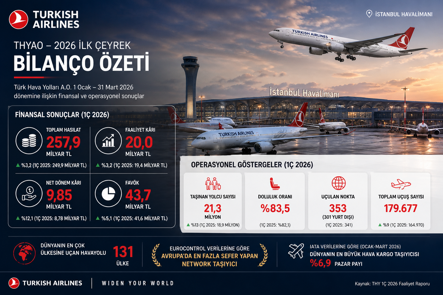 THYAO 2026 ilk çeyrek bilanço analizi: 257,96 milyar TL hasılat, 21,57 milyar TL brüt kâr, 9,86 milyar TL net kâr, esas faaliyet zararı -2,45 milyar TL, yolcu sayısı 21,3 milyon, doluluk oranı %83,5