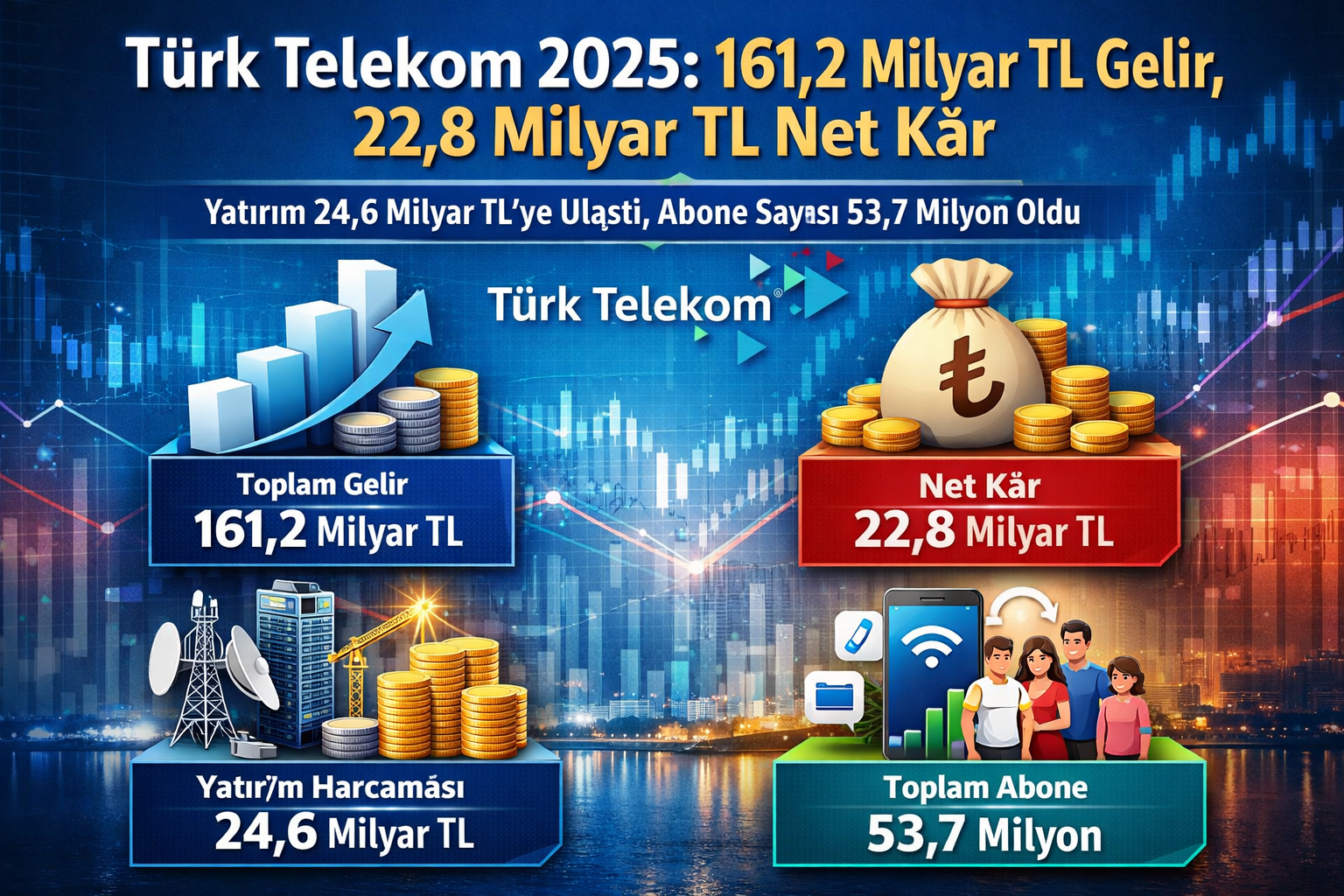 Türk Telekom 2025 finansalları: 242,2 milyar TL hasılat, 99,4 milyar TL FAVÖK, 23,0 milyar TL net dönem kârı; mobil gelir 98,7 milyar TL