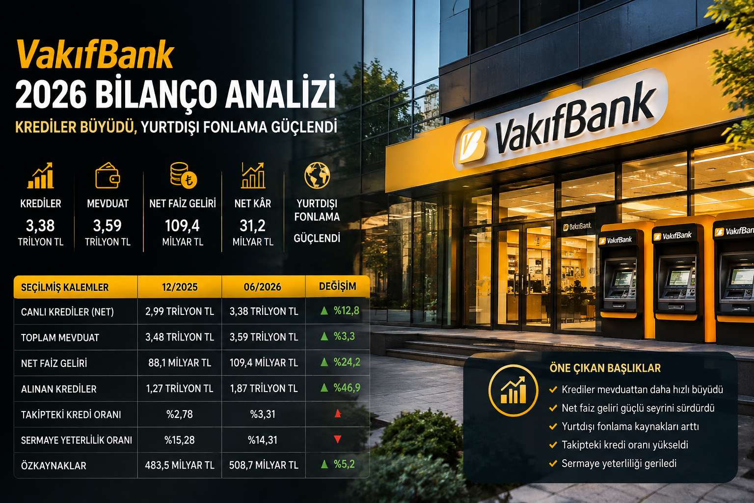 VakıfBank VAKBN 2026 ilk yarı bilanço analizi kredi büyümesi mevduat yurtdışı fonlama net faiz geliri net kar takipteki kredi oranı sermaye yeterliliği ve 12 2025 bilanço karşılaştırması