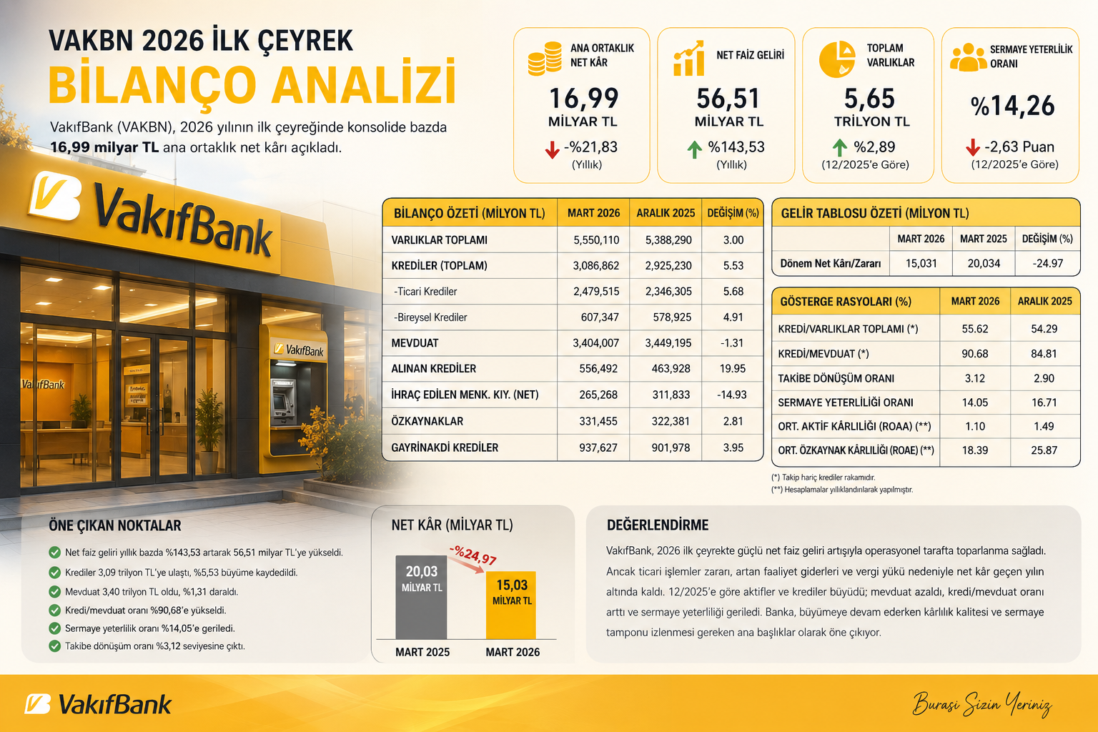 VakıfBank VAKBN 2026 ilk çeyrek bilanço analizi net faiz geliri net kar krediler mevduat özkaynak sermaye yeterliliği takip oranı ve 12 2025 bilanço karşılaştırması